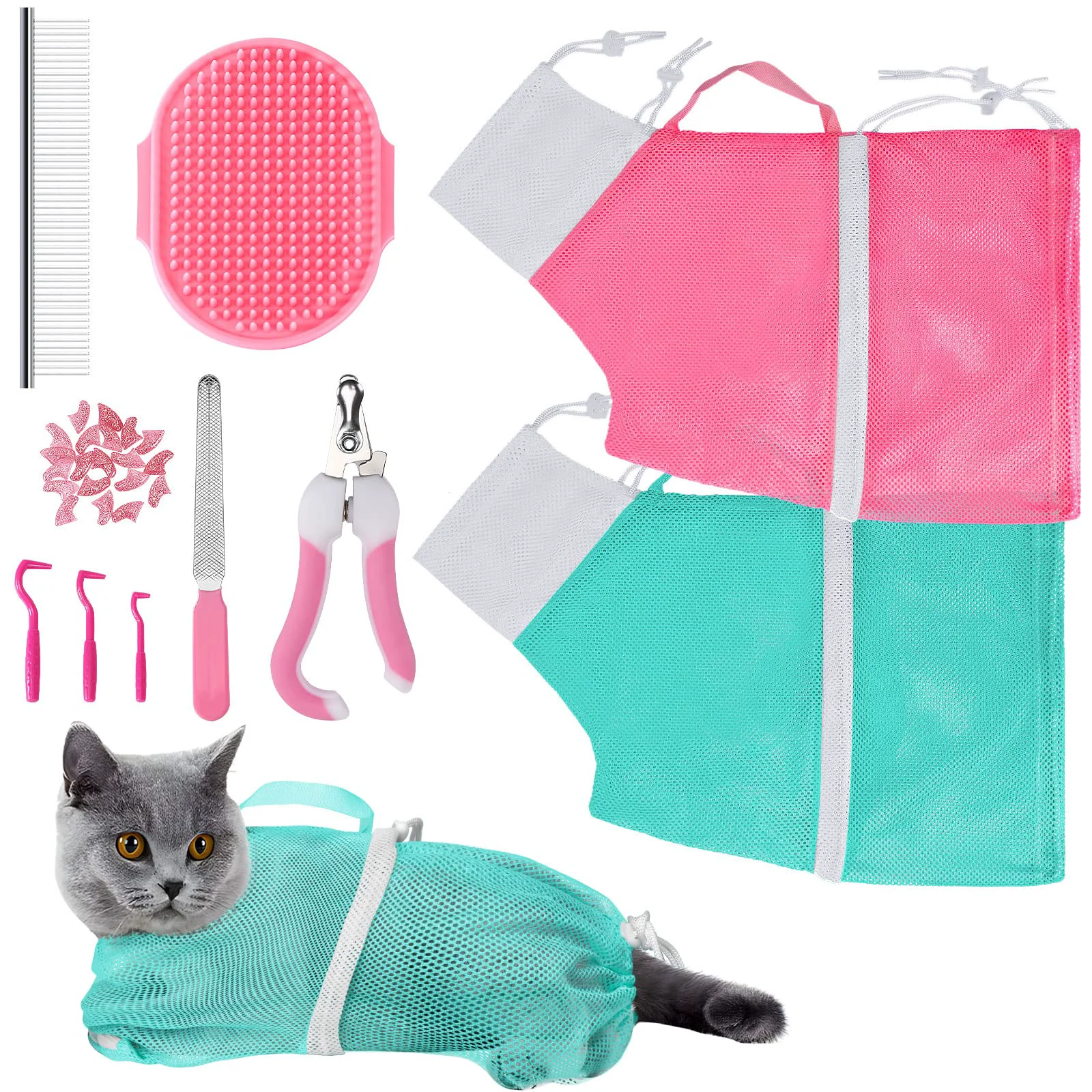 Optimized JULMELON Cat Washing Bag 10 PCS Set – Adjustable Bath Net Bag Grooming Tools for Cats Classic