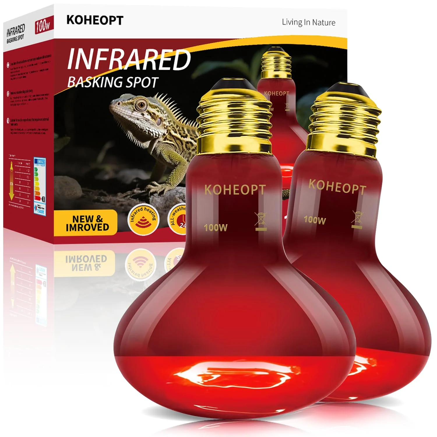 Genuine KOHEOPT Infrared Heat Lamp 100W – 2 Pack for Reptiles Terrariums Brooders Convenient