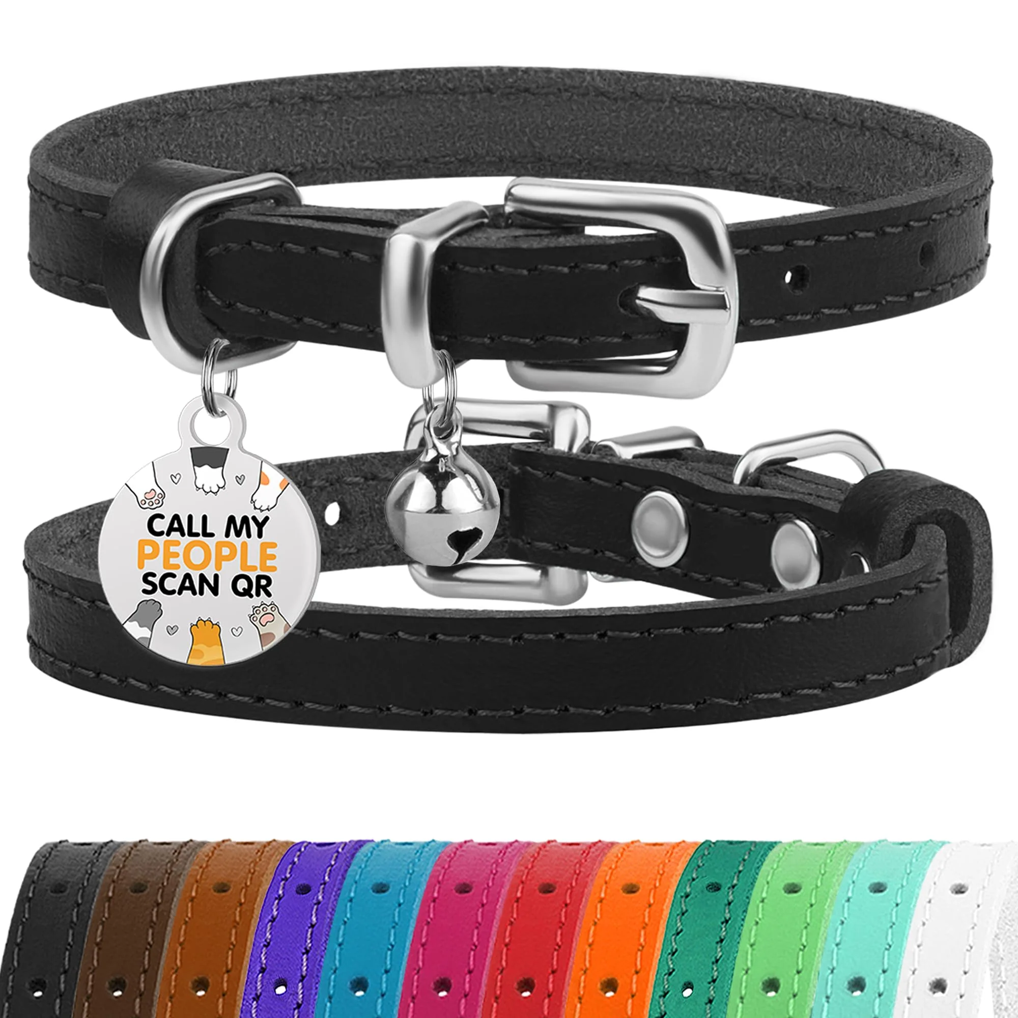 Artisan BRONZEDOG Leather Cat Collar with Removable Bells QR Tag – 9–12 in Black Silver Recyclable