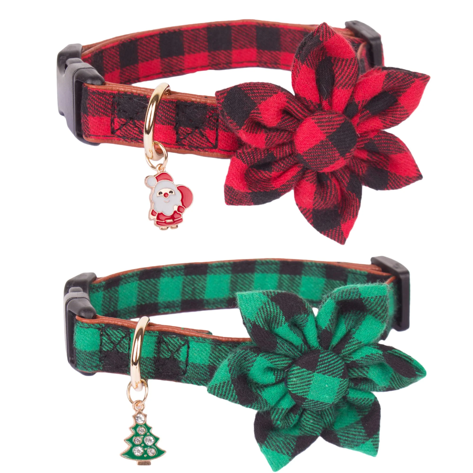 Fine Crafted ADOGGYGO Christmas Dog Collar with Flower — Red Green Buffalo Plaid Removable Floral Adjustable for Small Dogs Recyclable