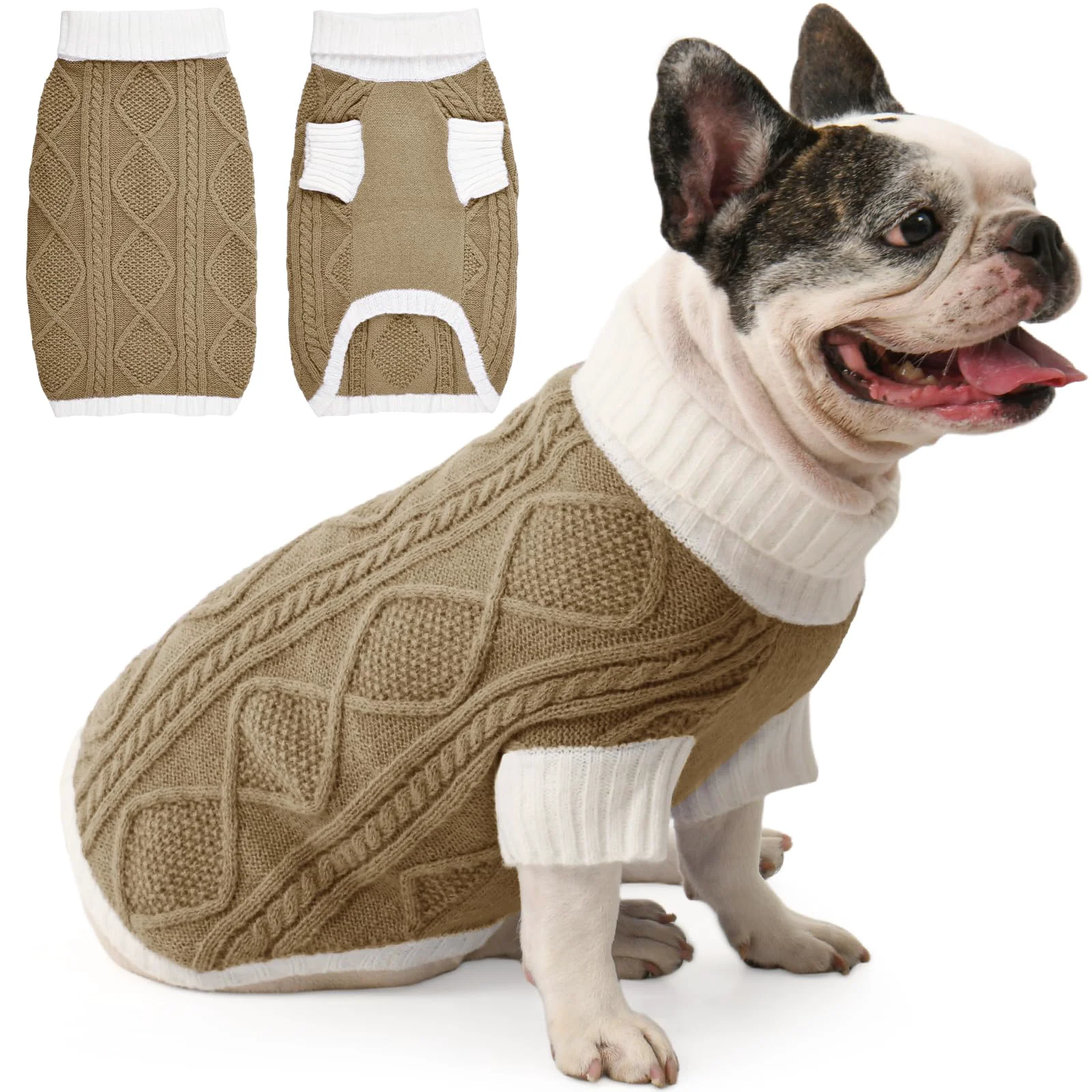 Detailed Lorehelina Dog Sweater for Medium Dogs Argyle Cable Knit Turtleneck Pullover – Brown High-Grade