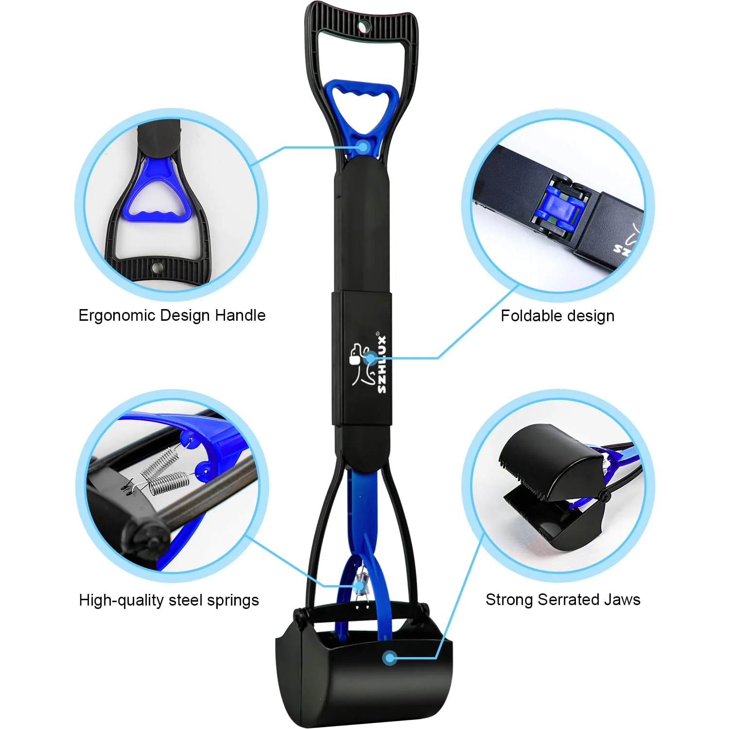 Long-Lasting SZHLUX 28in Foldable Pooper Scooper – Unbreakable ABS Durable Spring Blue Organic
