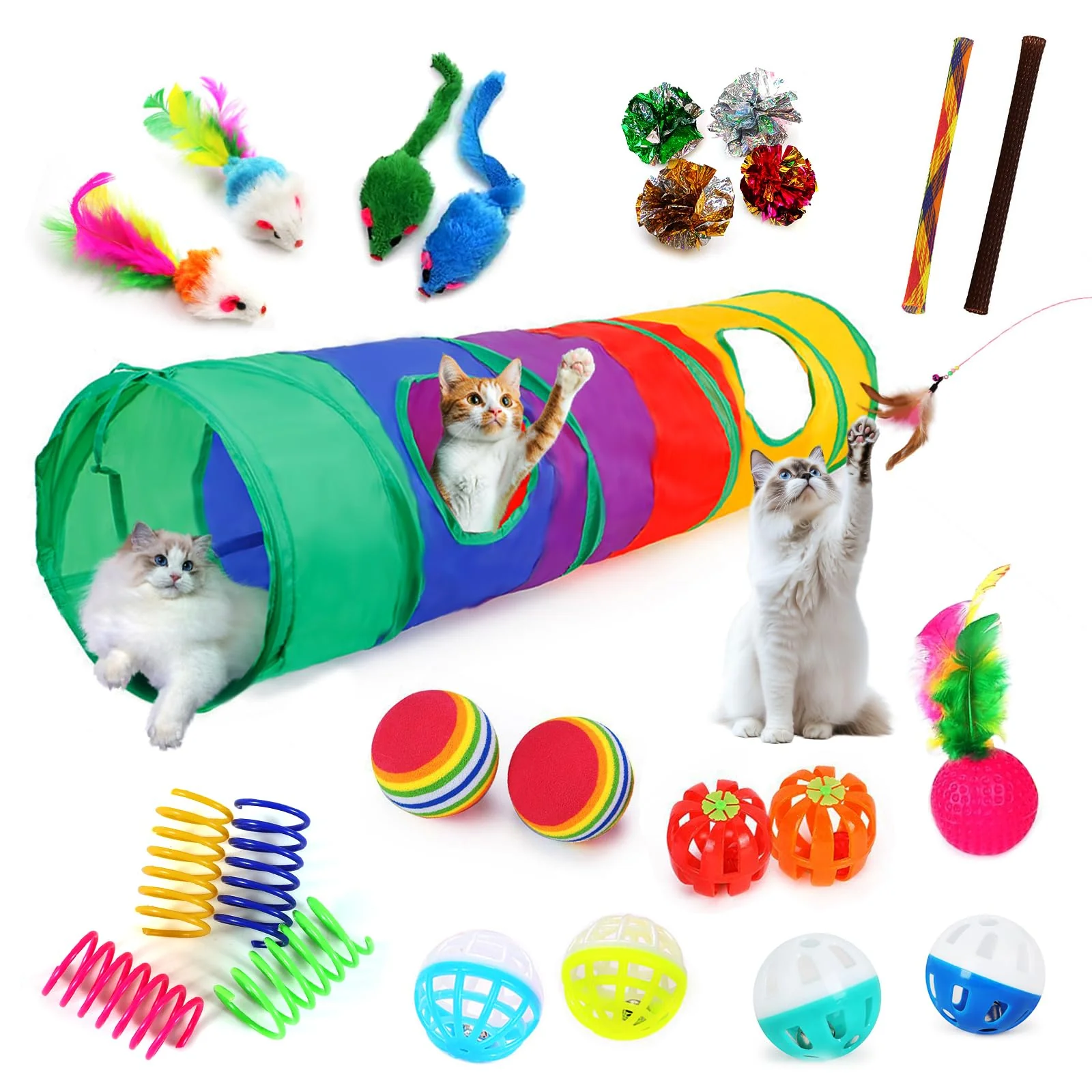 Relaxed iCAGY 25-Piece Cat Toys Kit with Rainbow Tunnel Interactive Indoor Cat Toy Bundle Reusable