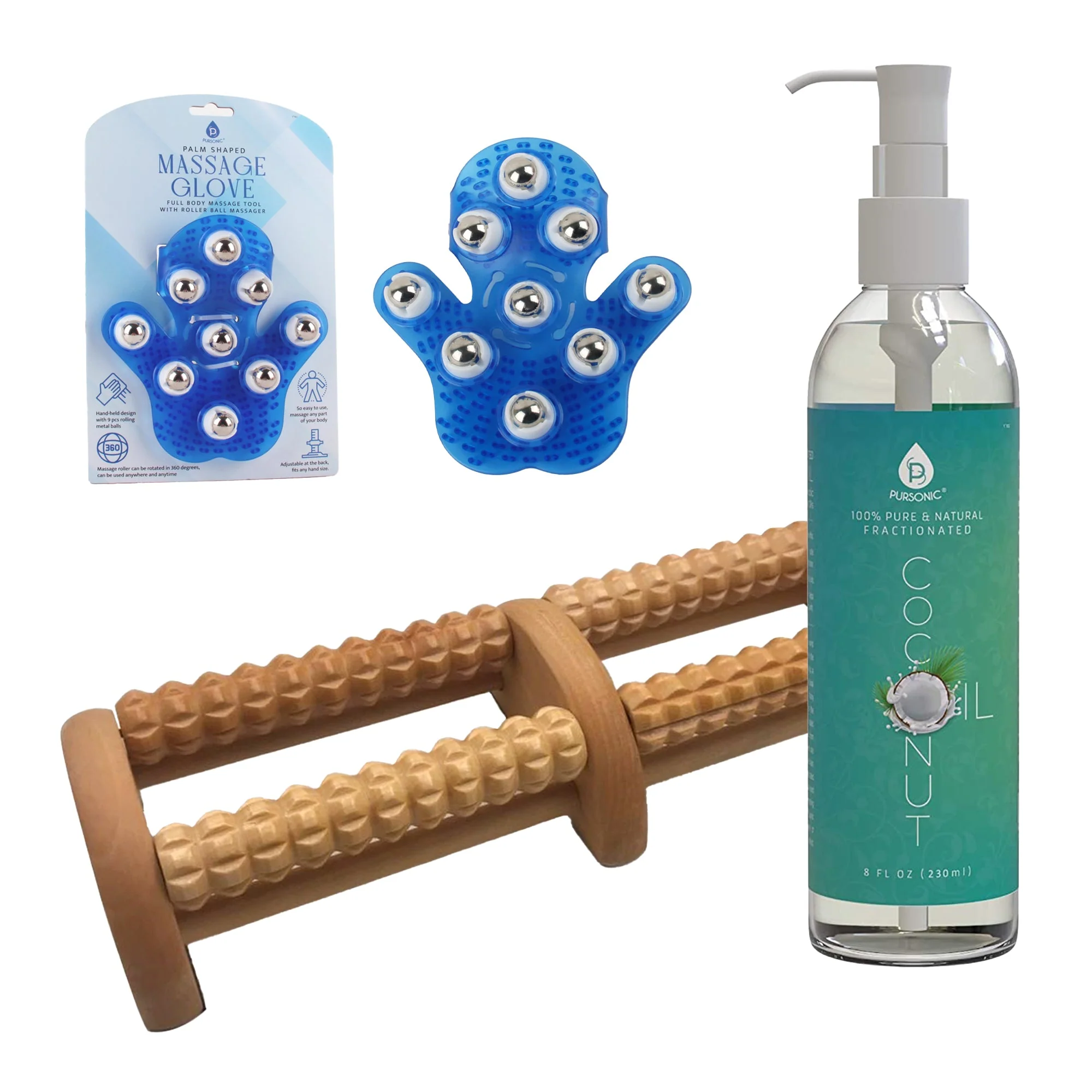 Sophisticated Paquete de regalo de relajación Pursonic Guante de masaje con forma de palma masajeador de pies de madera y aceite de coco fraccionado. Proven