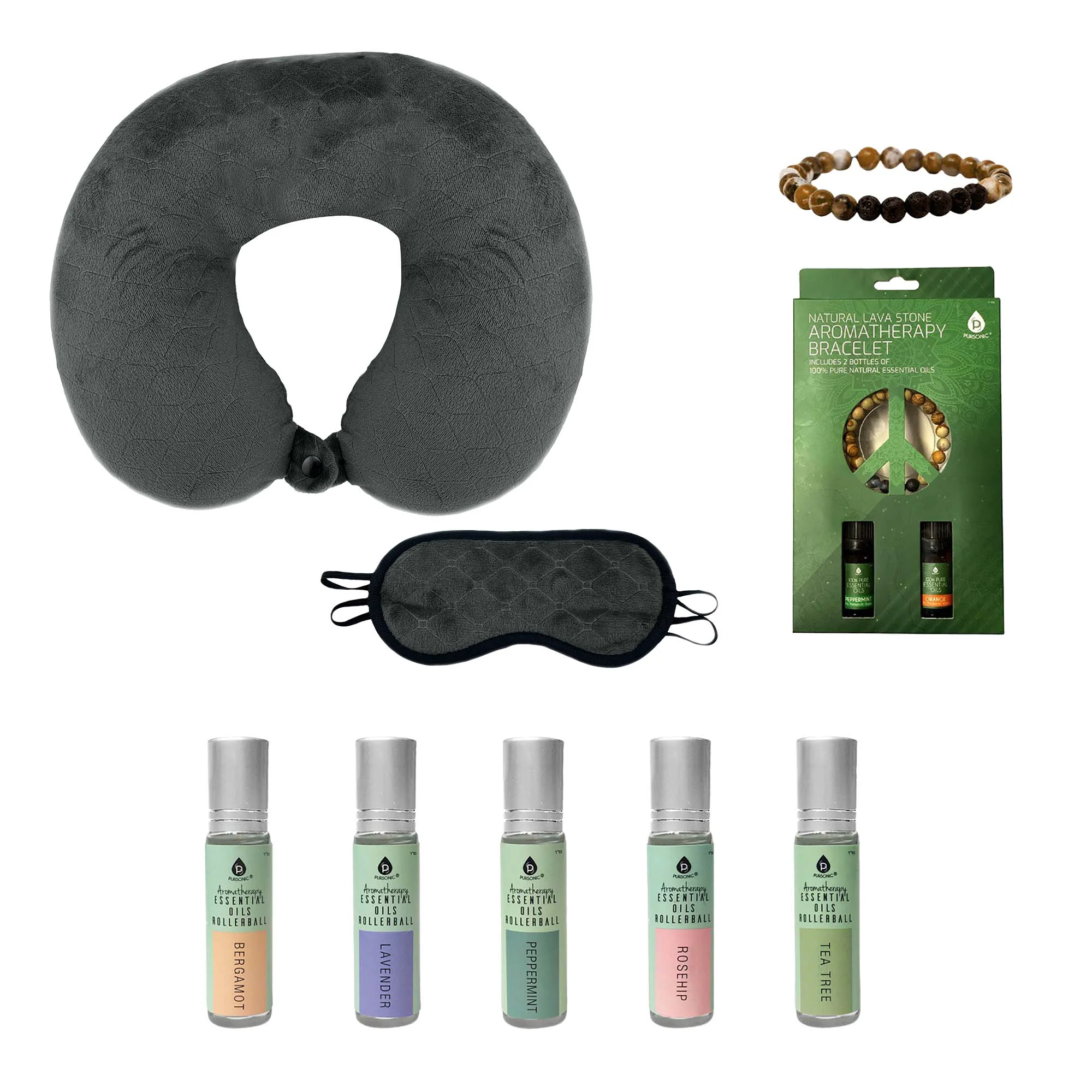 Carefully Designed Set Sleep Serenity Roll-ons de aceites esenciales de aromaterapia Pursonic pulsera de piedra volcánica almohada de viaje de espuma viscoelástica con antifaz para dormir Clean