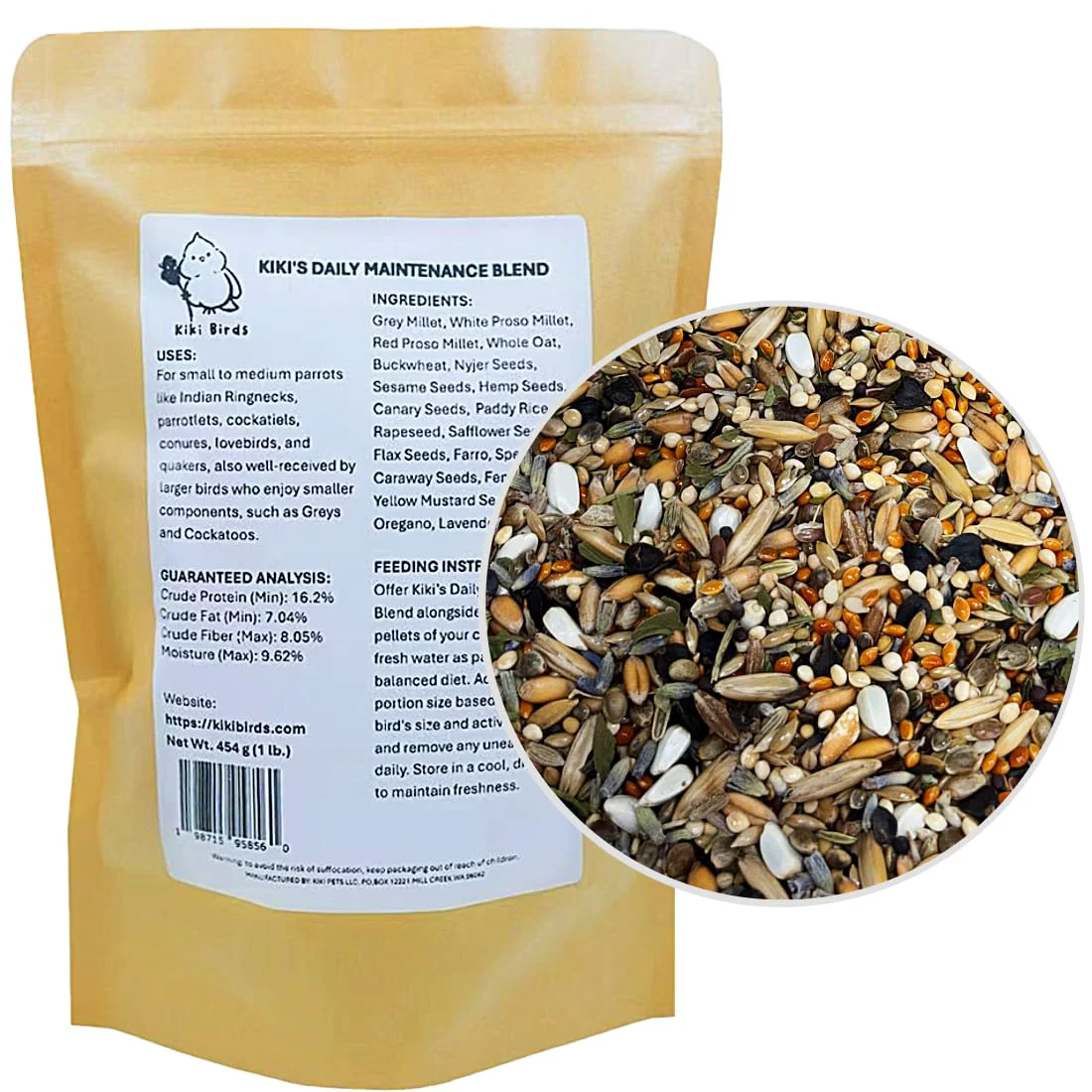 Easy-to-Use KikiBirds Premium Parrot Food – Protein-Rich Low-Fat Daily Maintenance 1 lb Elite