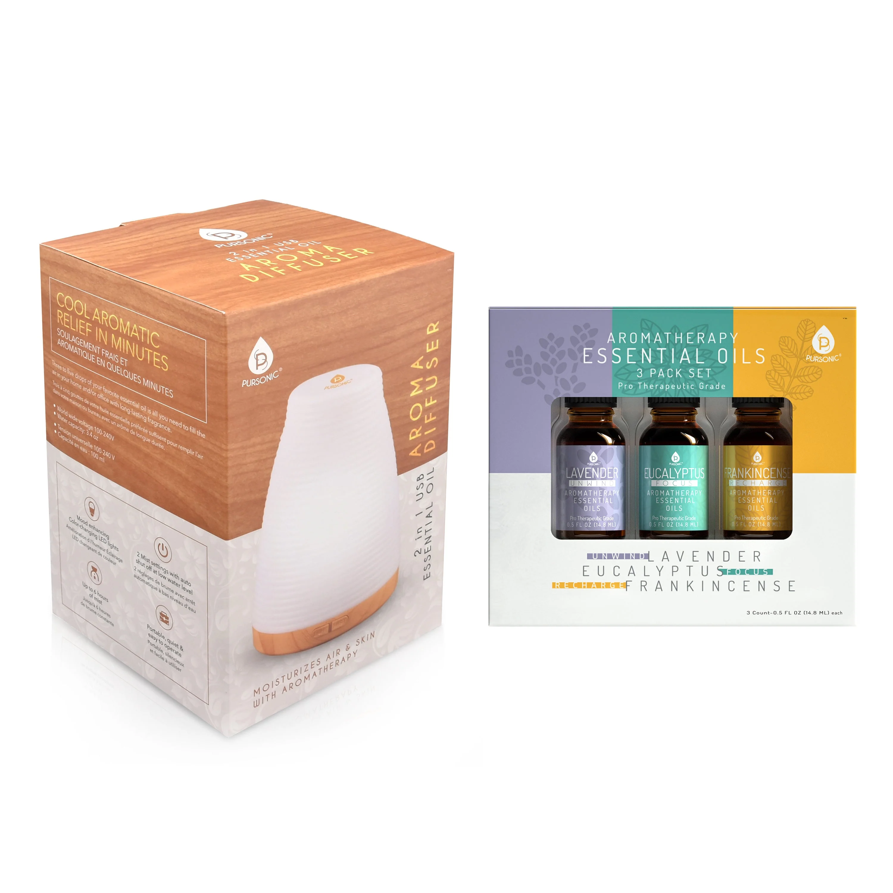 Relaxed Difusor USB Pursonic 2 en 1 para aromaterapia y aceites esenciales – Ultrasónico – 3 aceites principales – 300 ml con 2 configuraciones de niebla y 7 configuraciones de luz ambiental Fast