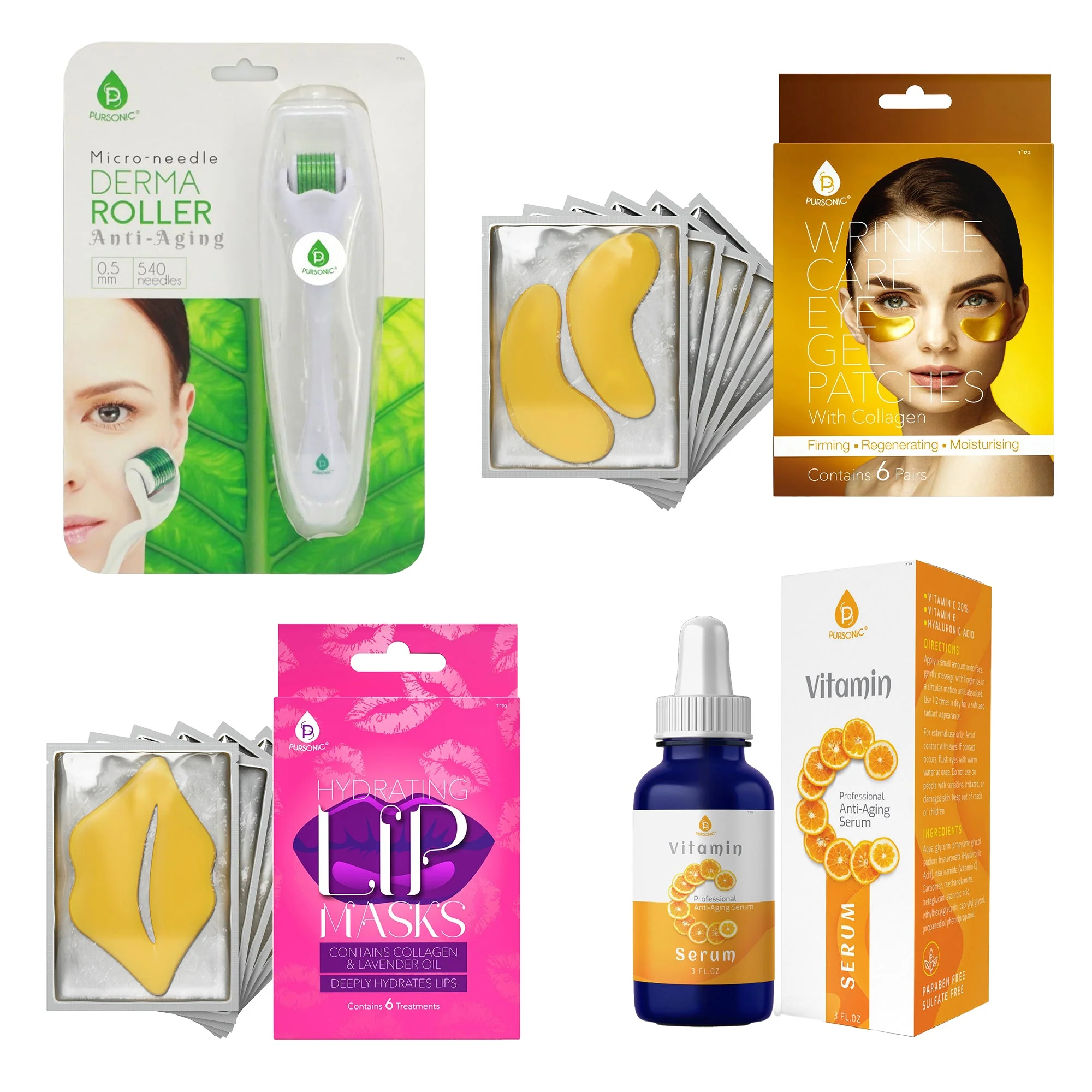High-Grade Paquete Skincare Suero de vitamina C 85 ml parches de gel antiarrugas para el contorno de ojos mascarillas hidratantes para labios paquete de 6 y rodillo de microagujas Derma Roller de 0 5 mm. Luxury