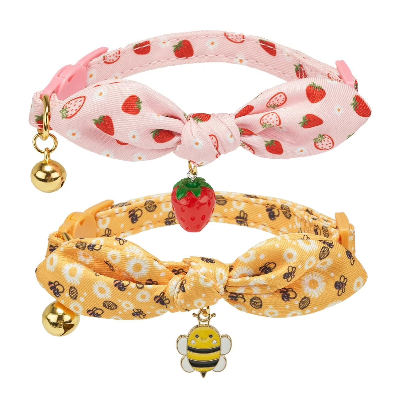 Enhanced YUDOTE Bowtie Cat Collar with Bell – 2 Pack Breakaway Kitten Collars Removable Bowknot Yellow Bee Pink Strawberry Consistent