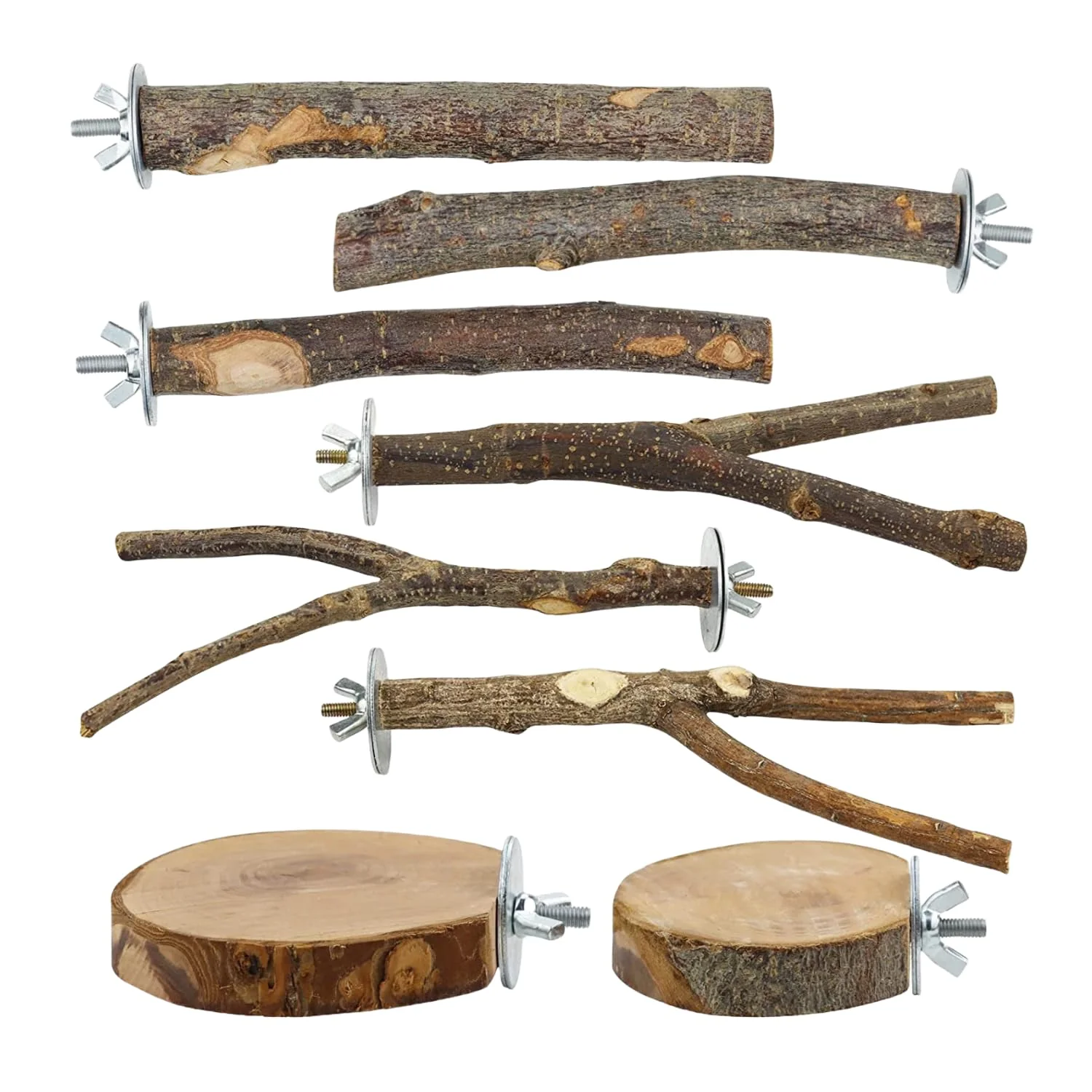 High-End Rliguanrui 8-Piece Natural Wood Bird Perches Set – Parakeet Budgie Stand Fork Toys Hammock Swing Detailed
