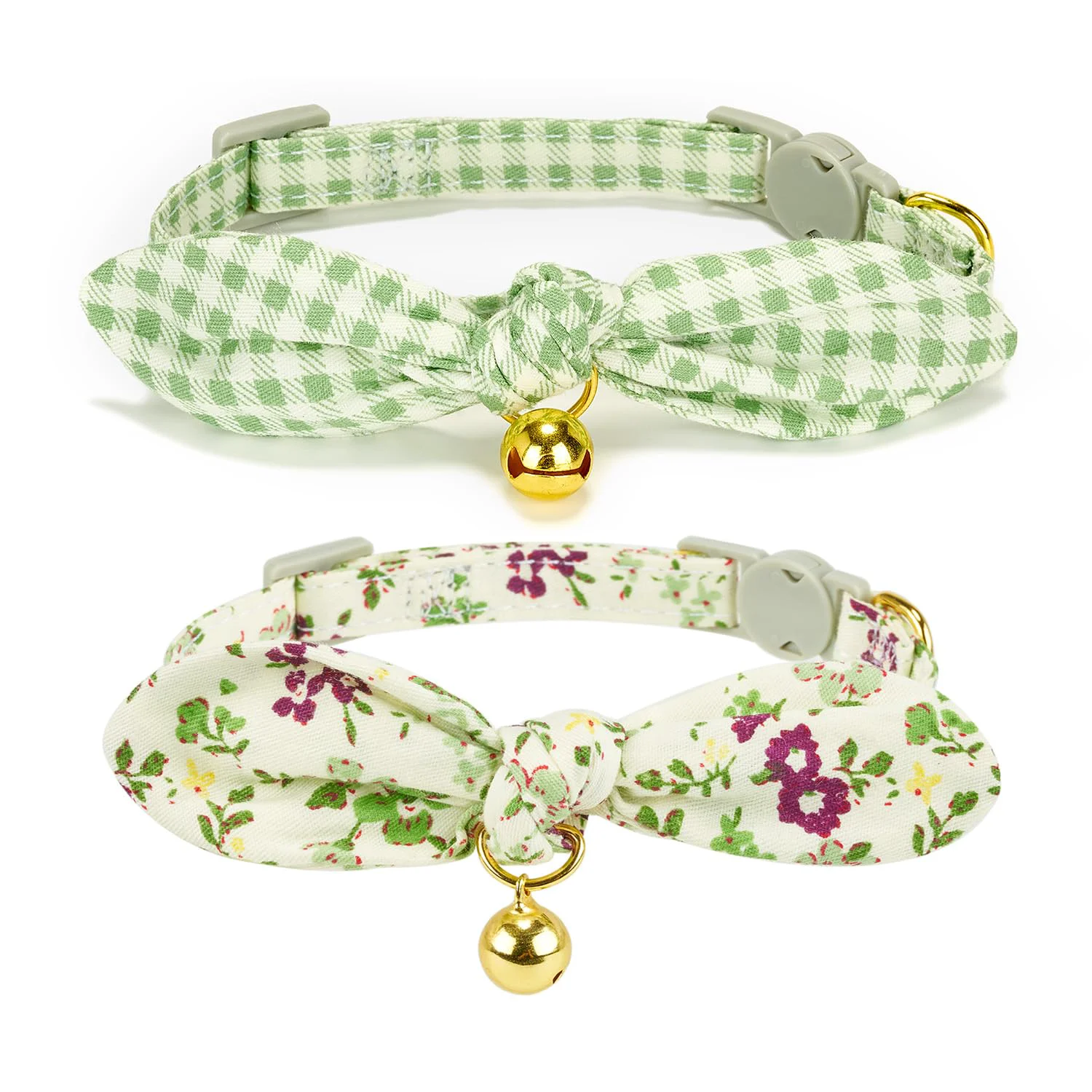 Pure YUDOTE Bowtie Cat Collar with Bell – 2 Pack Cotton Breakaway Collars Floral Green Plaid Certified