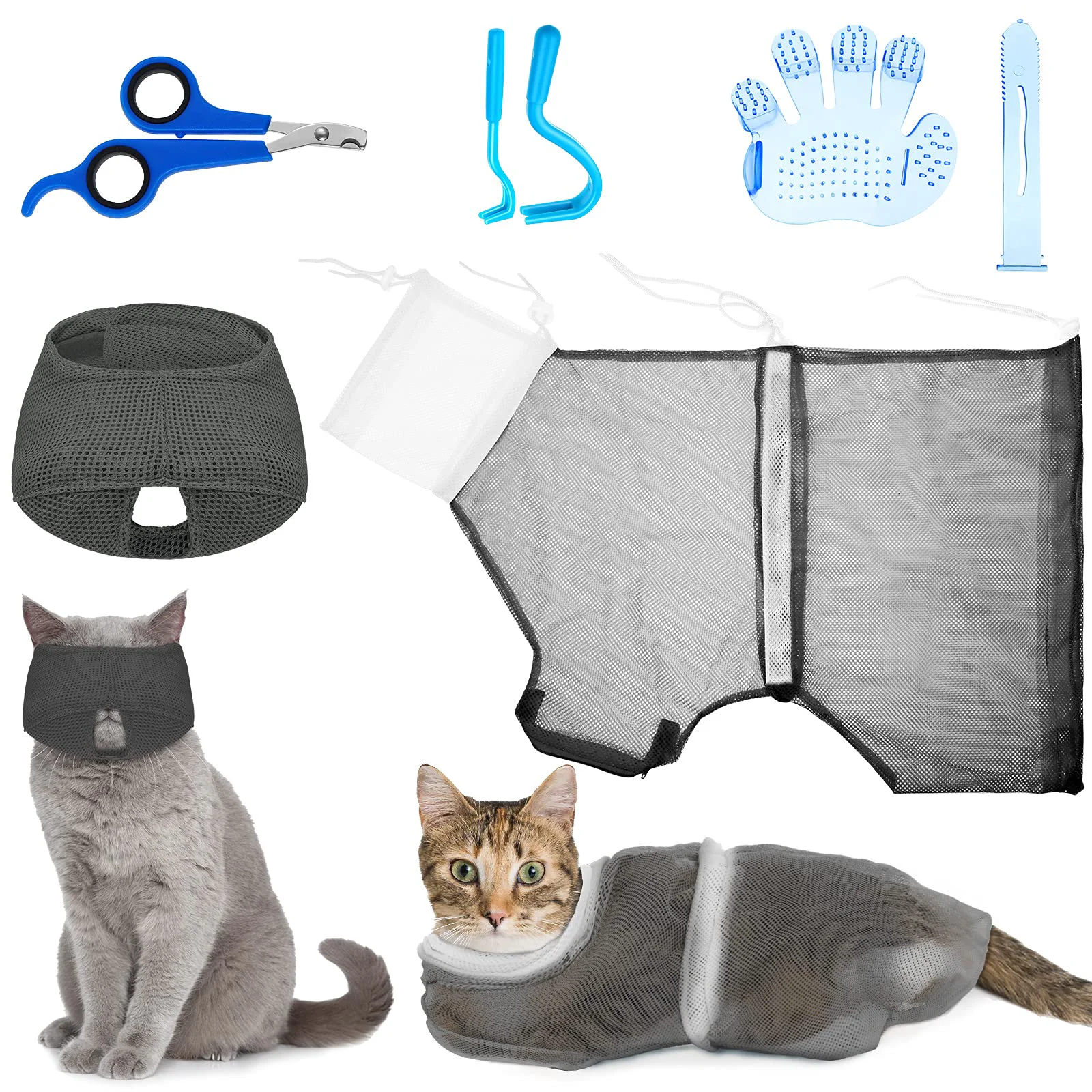Selected Patelai 5 Pcs Cat Grooming Bag Set – Adjustable Bathing Net Muzzle Nail Clipper Tick Remover Massage Brush Grey-White Refined
