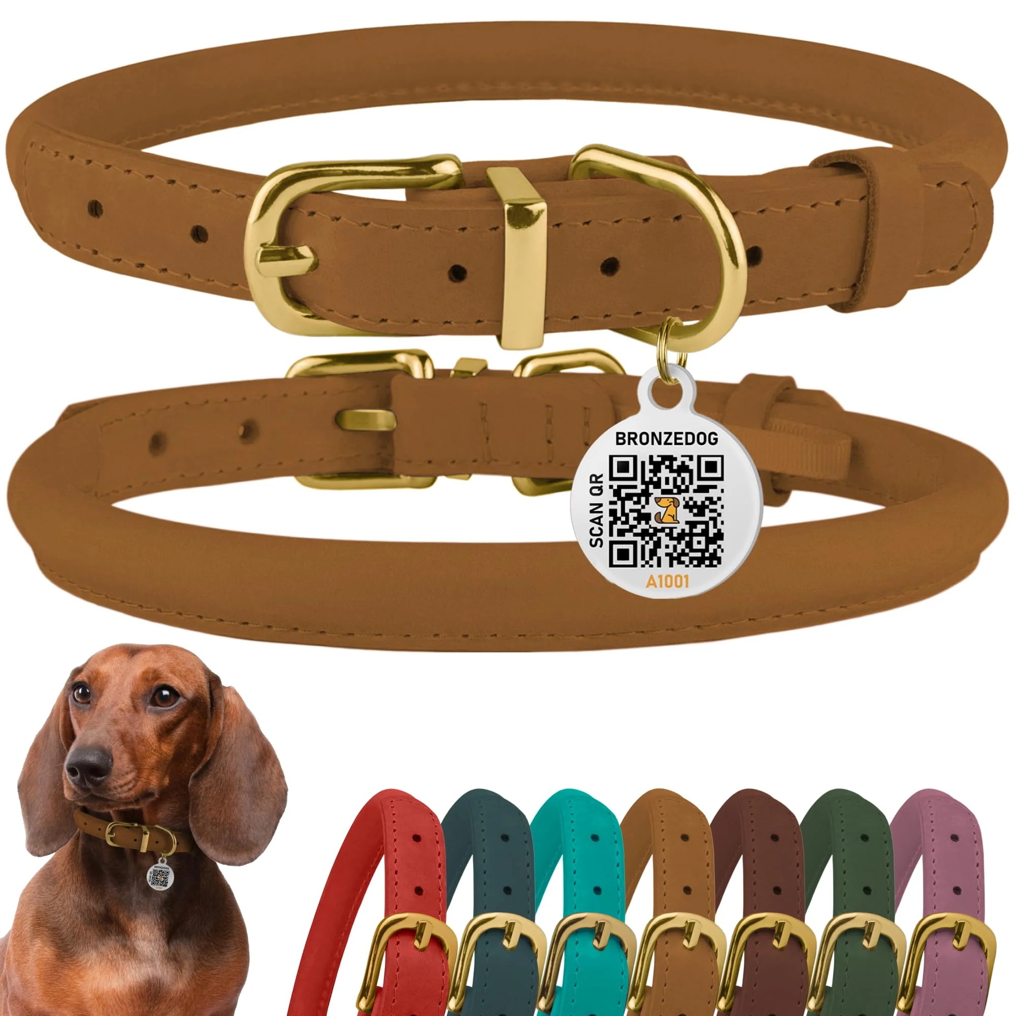 Secure BronzeDog Rolled Leather Collar with QR ID Tag — Adjustable 9–11 inch Neck 1 2 inch Wide Refined