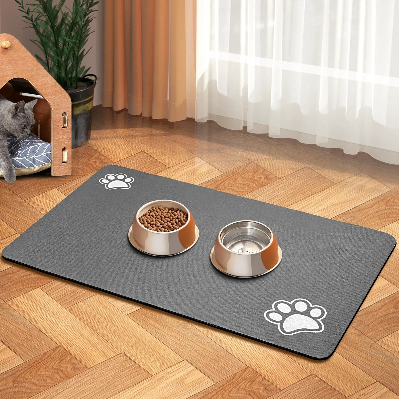 Smart Blue Aye Pet Feeding Mat – Absorbent Anti-Slip 16×24 Dog Water Spill Mat Dark Grey Easy-to-Use