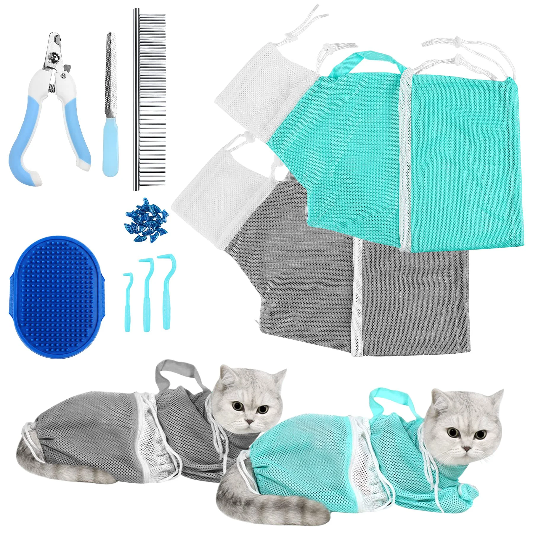 Green JULMELON Cat Washing Bag 10-Piece Set Adjustable Bath Bag Grooming Tools Nail Care for At-Home Pet Grooming Luxury