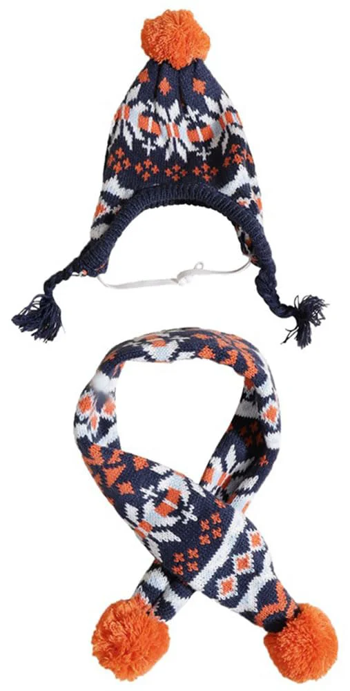Comfortable MaruPet Dog Hat Scarf Set — Knitted Winter Warmth for Small Pets Orange Snowflake Functional