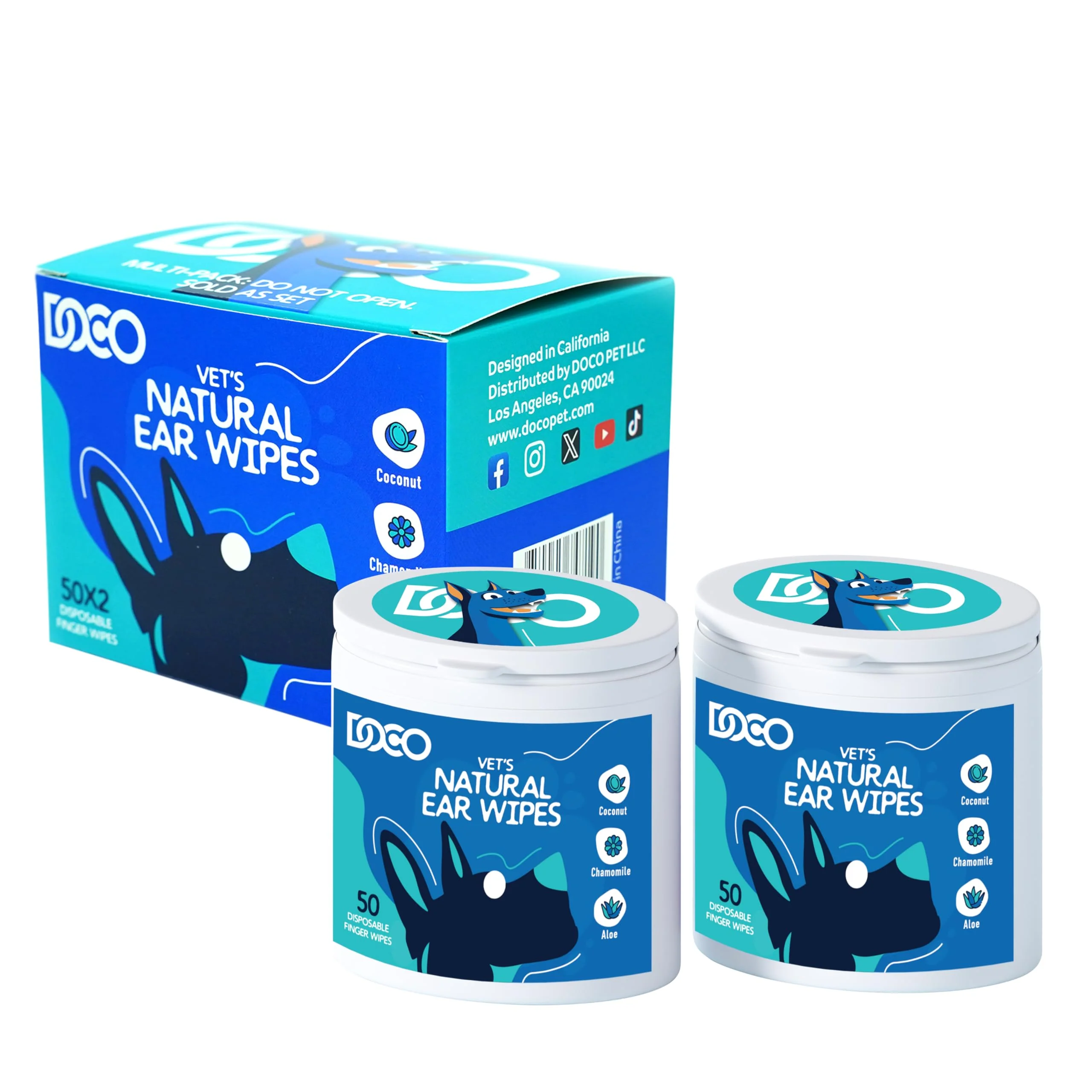 Advanced DOCO Dog Ear Cleaner Wipes Finger Kit – Gentle Multi-Pet Ear Care Aloe Chamomile Coconut 100 Count Luxury