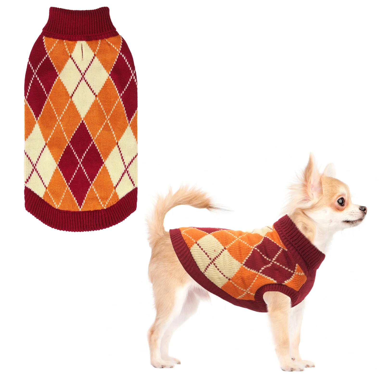 World-Class KOOLTAIL Small Dog Sweater XS Orange – Knit Turtleneck Plaid Winter Coat for Pets Certified