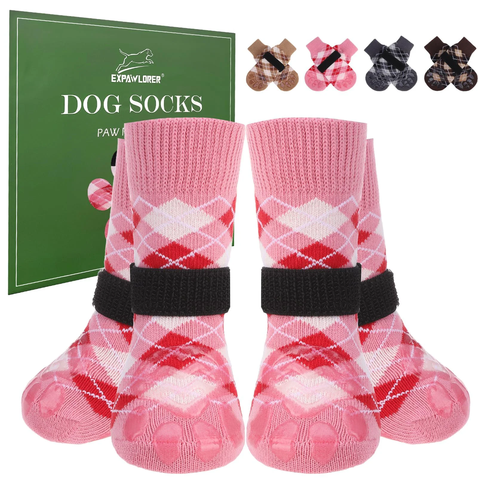 Classic EXPAWLORER Dog Socks with Double-Sided Grips Anti-Slip Pink 4 Pcs Flexible