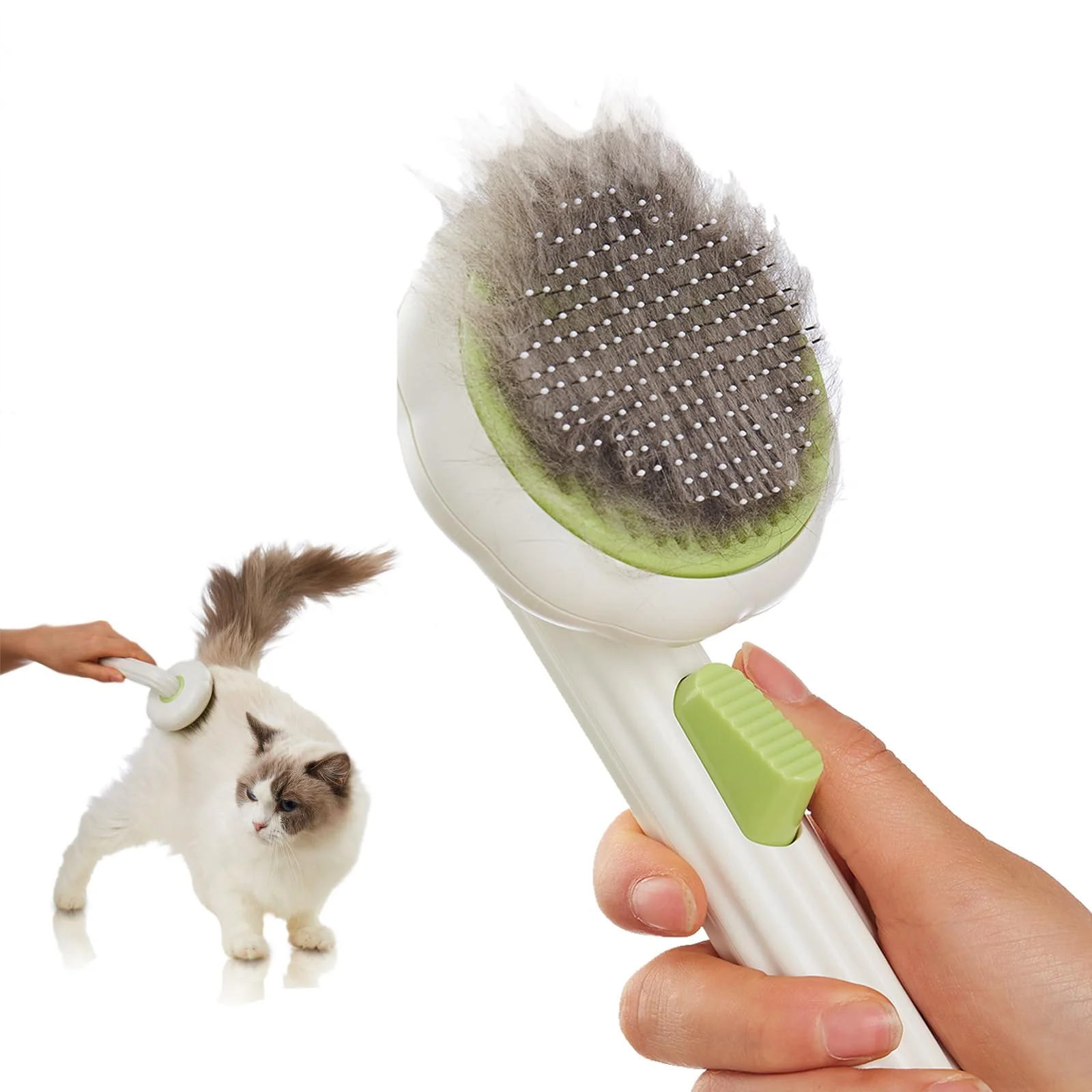 Secure VIOJOJO Cat Dog Brush with Release Button — Self-Cleaning Deshedding Grooming Tool Green