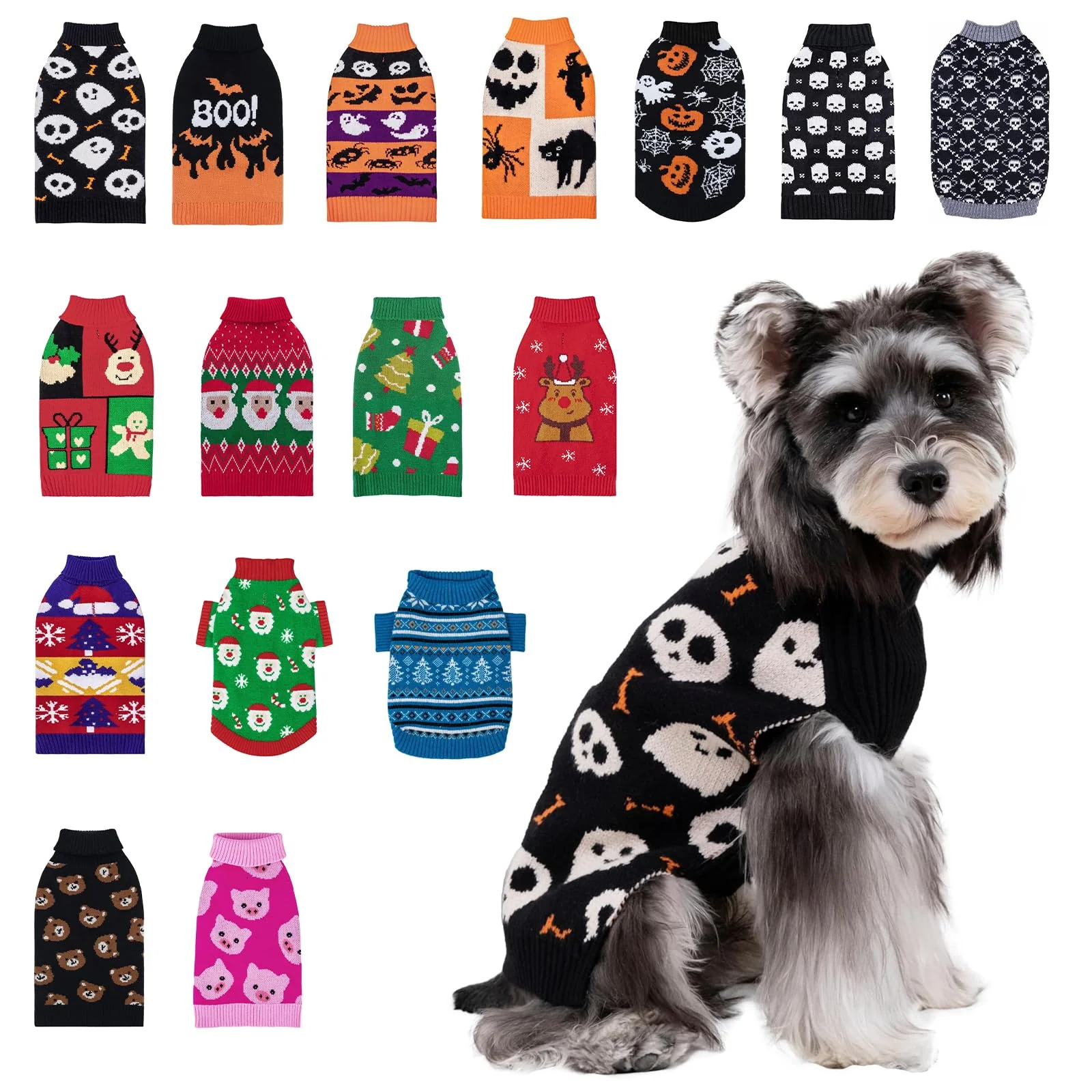 Expertly Made CuteBone Halloween Skull Dog Sweater for Small Dogs — Turtleneck Winter Coat with Harness Hole Organic