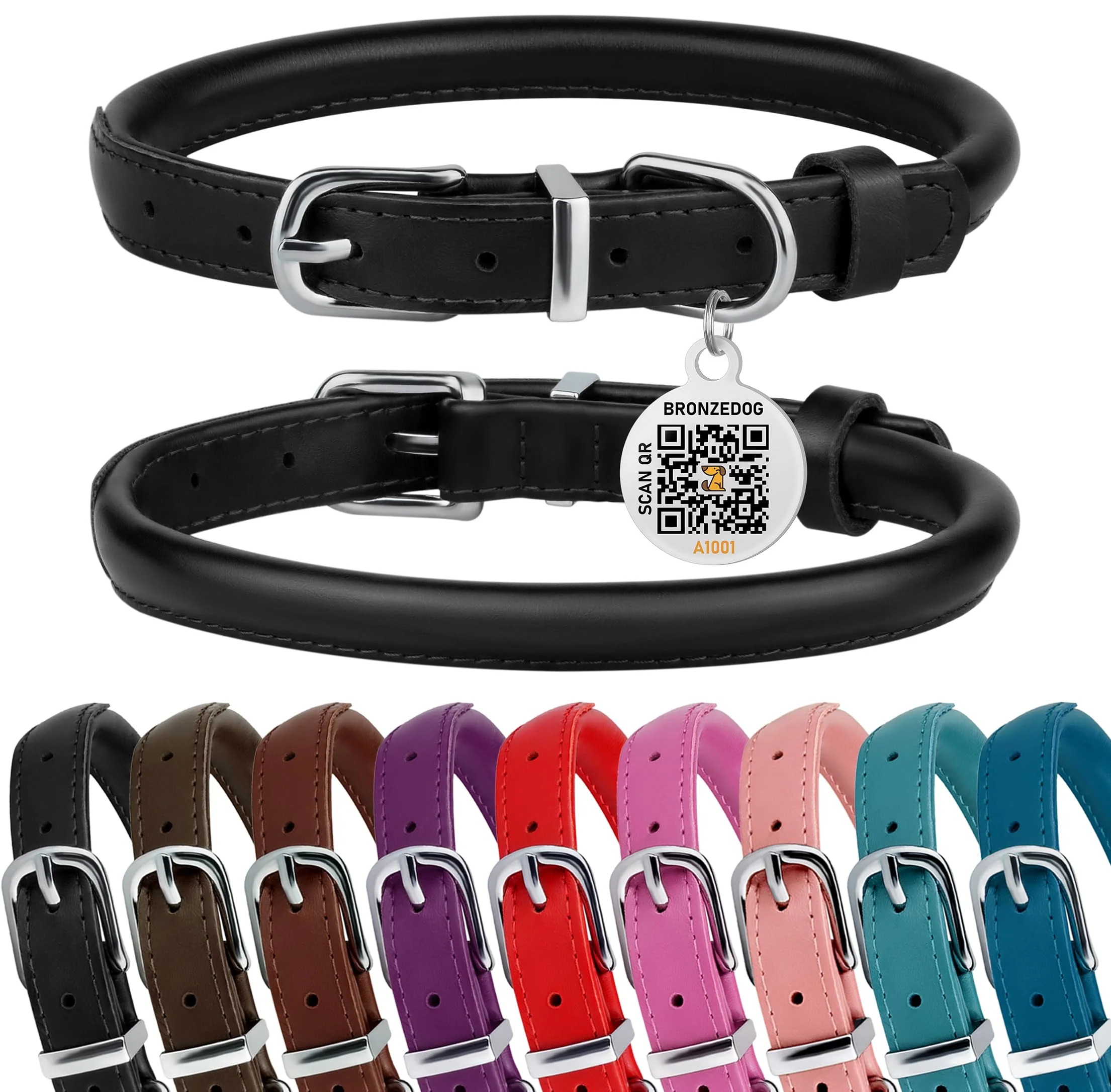 Sophisticated BRONZEDOG Rolled Leather Dog Collar XS 9-11 in – Glossy Black with QR ID Tag Versatile