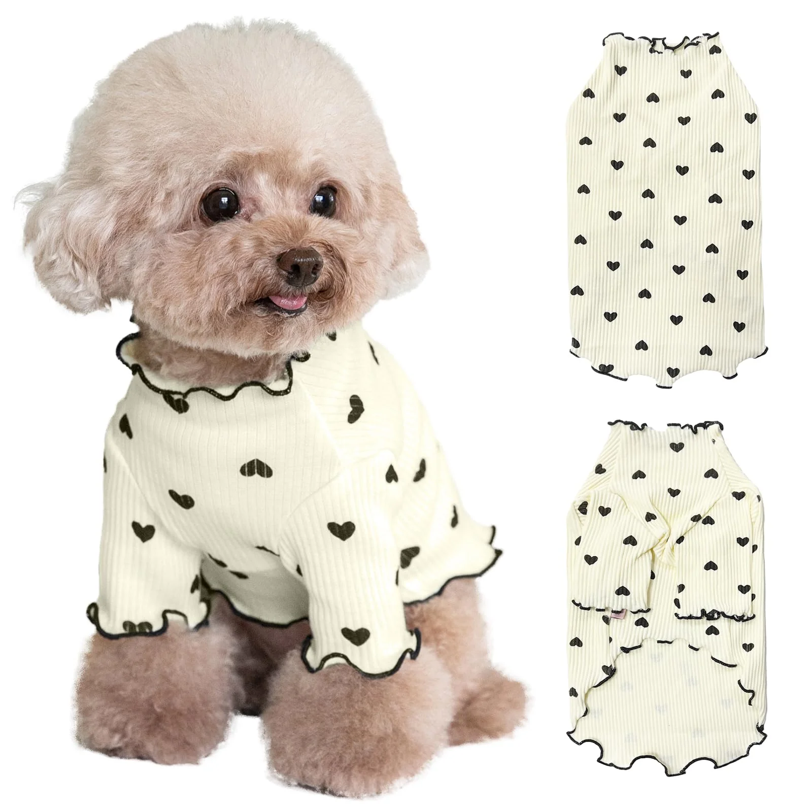 Consistent Yaopelky Heart Print Dog Shirt – Stretchy Ruffle Long Sleeve Outfit for Small Dogs Cats Beige Large Eco-Friendly