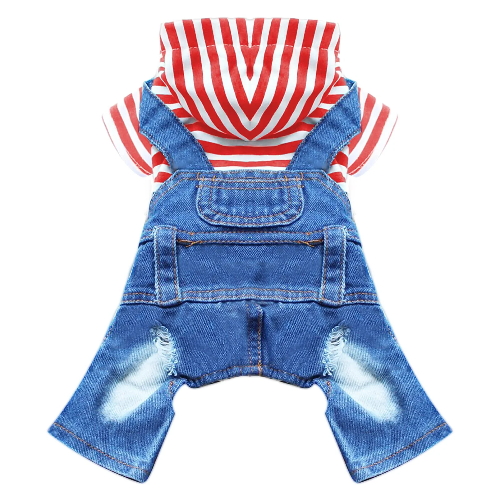 Minimalist DOGGYZSTYLE Small Dog Hoodie Denim Jumpsuit One-Piece Stripe Shirt Hoodie Blue Jeans for Small Medium Dogs Cats Relaxed