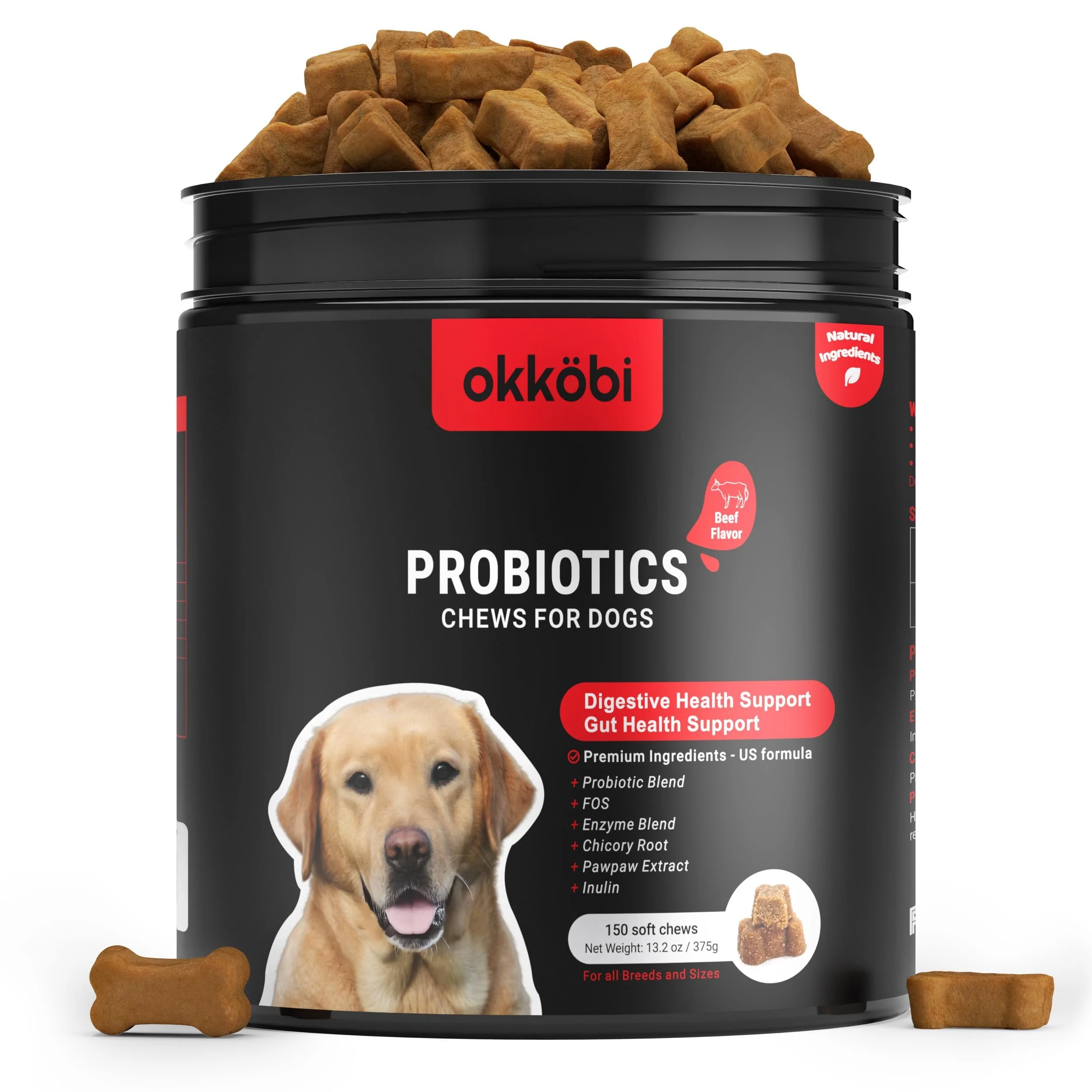 Convenient OKKÖBI Probiotics for Dogs Chews 150 ct – Digestive Gut Health Support Soft