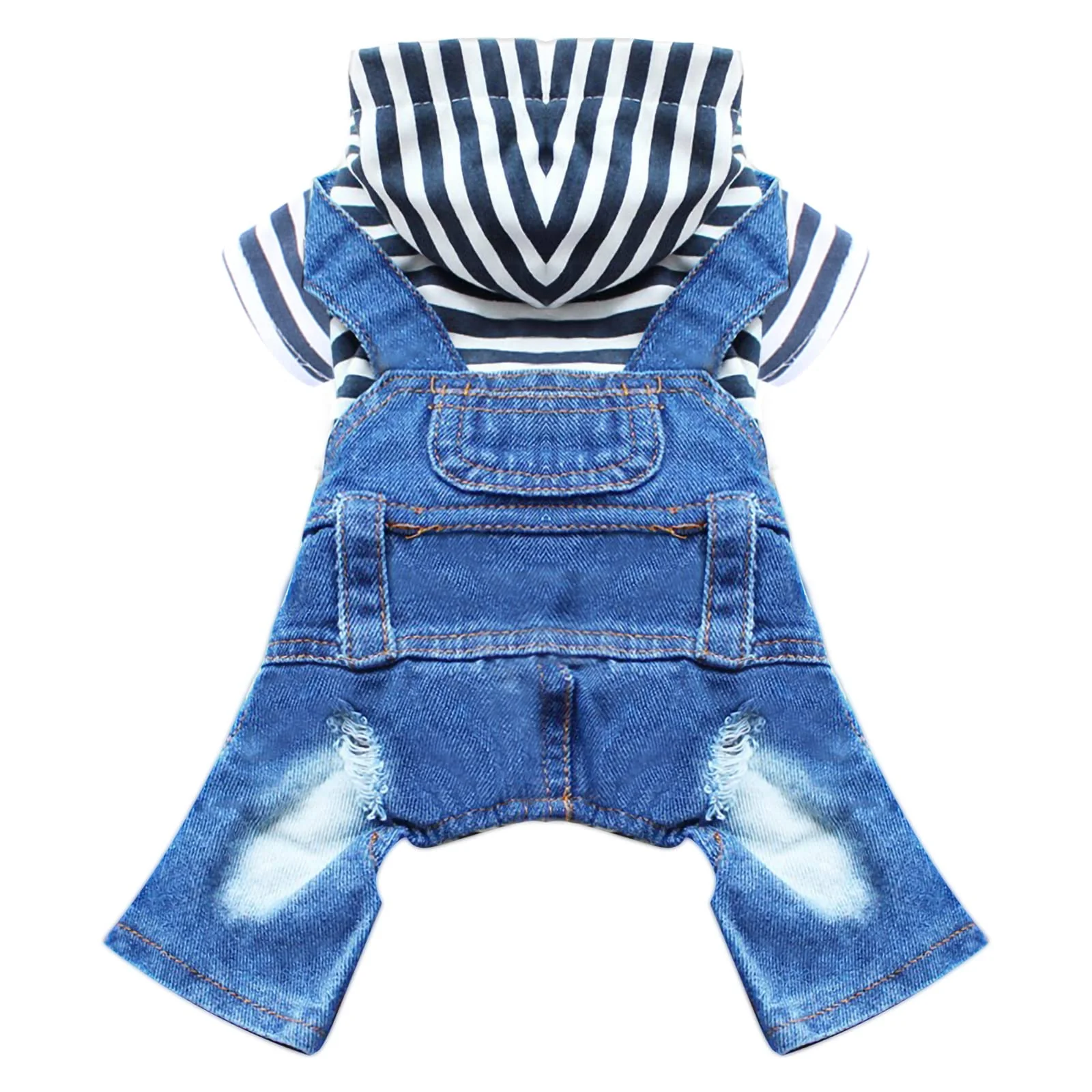 Exclusive DOGGYZSTYLE Small Dog Hoodie Denim Jumpsuit — Blue Stripe One-Piece Outfit L Verified