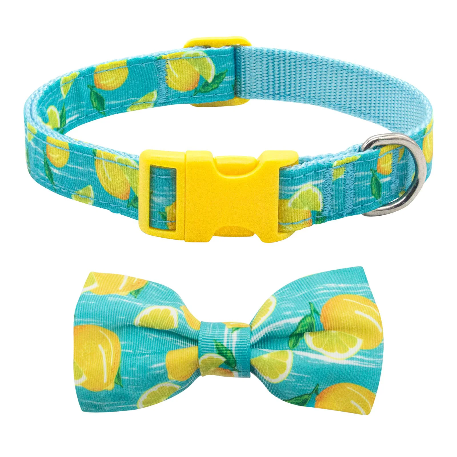 Fine azuza Lemon Pattern Bow Tie Dog Collar for Extra Small Dogs — Soft Adjustable Nylon Organic