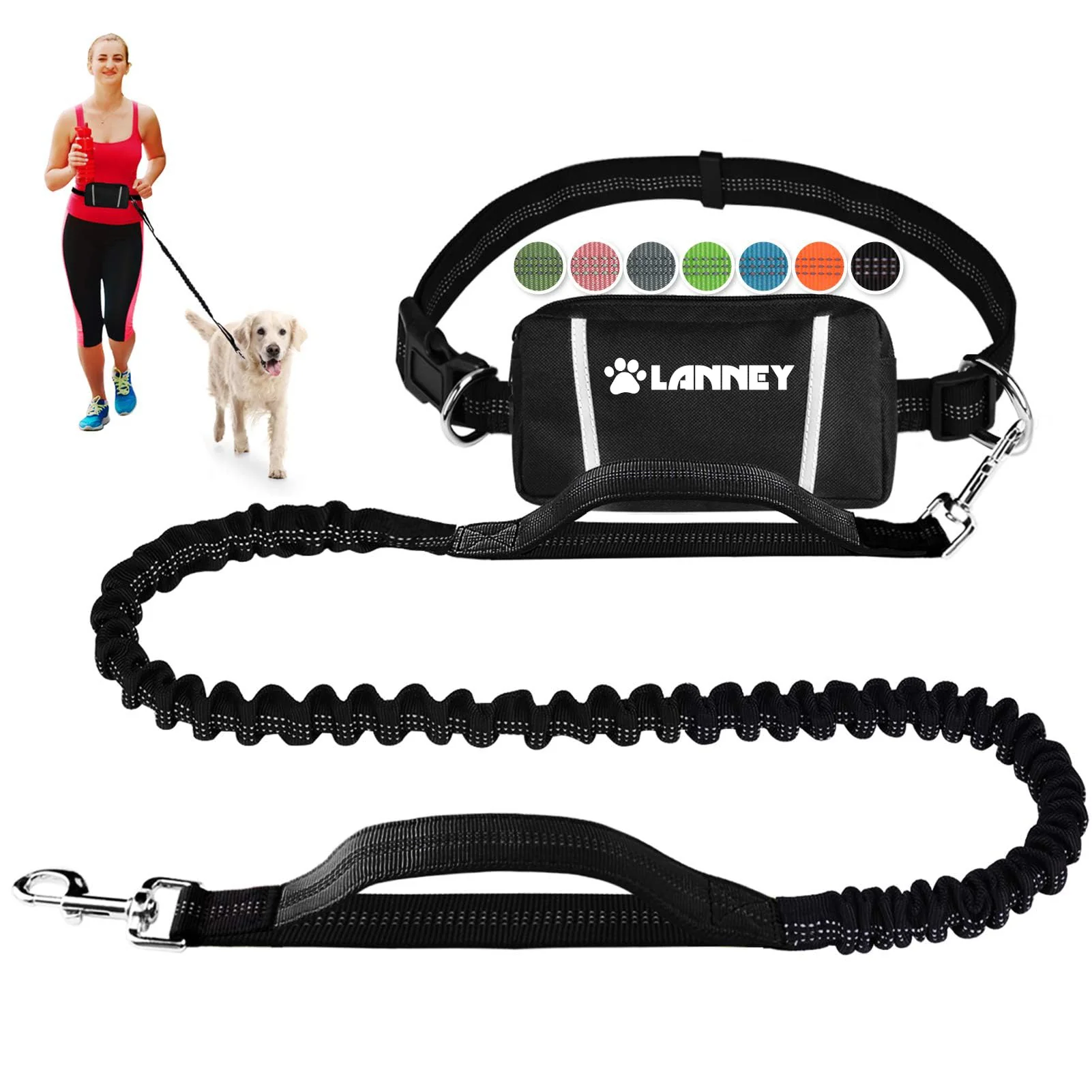 Solid LANNEY Hands Dog Leash – Waist Running Leash with Dual Handles and Bungee Original