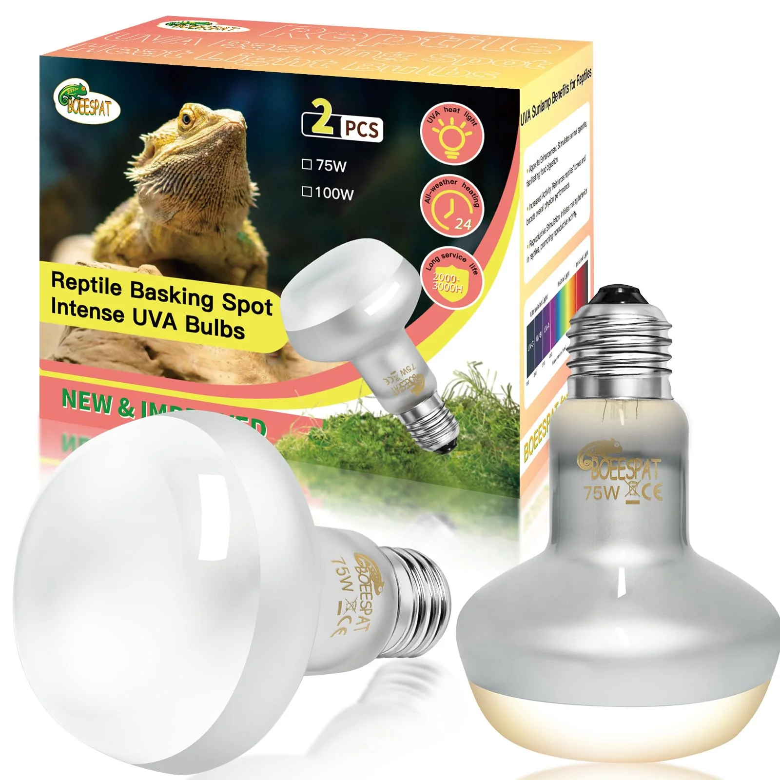 Pure BOEESPAT Intense 75W UVA Daylight Heat Lamp Bulbs – Desert Reptile Basking 2-Pack Durable