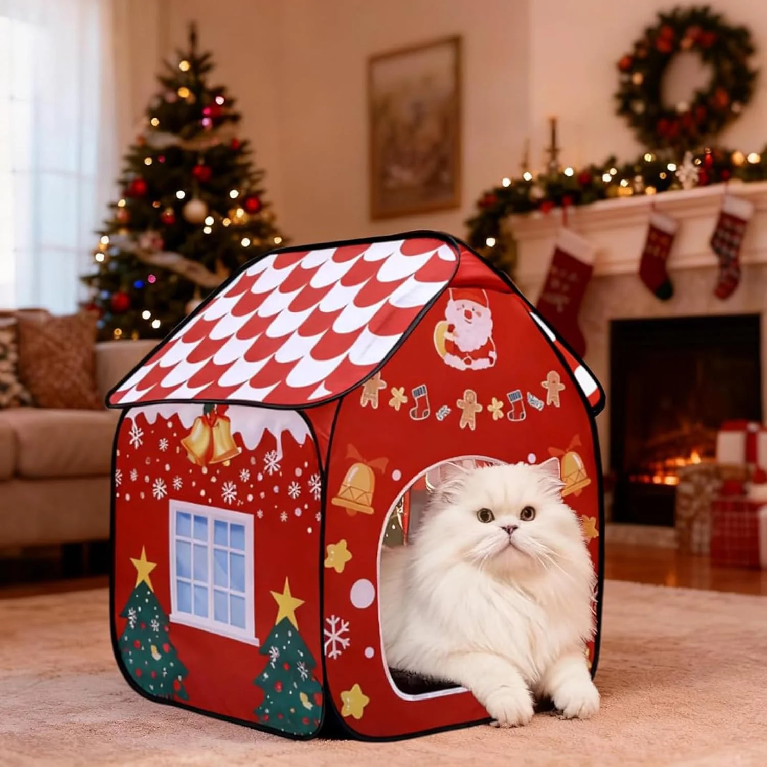 High-Quality LUCKITTY Christmas Folding Cat House 19x19x25in Indoor — Festive Cat Tent Shelter for Play Sleep Organic