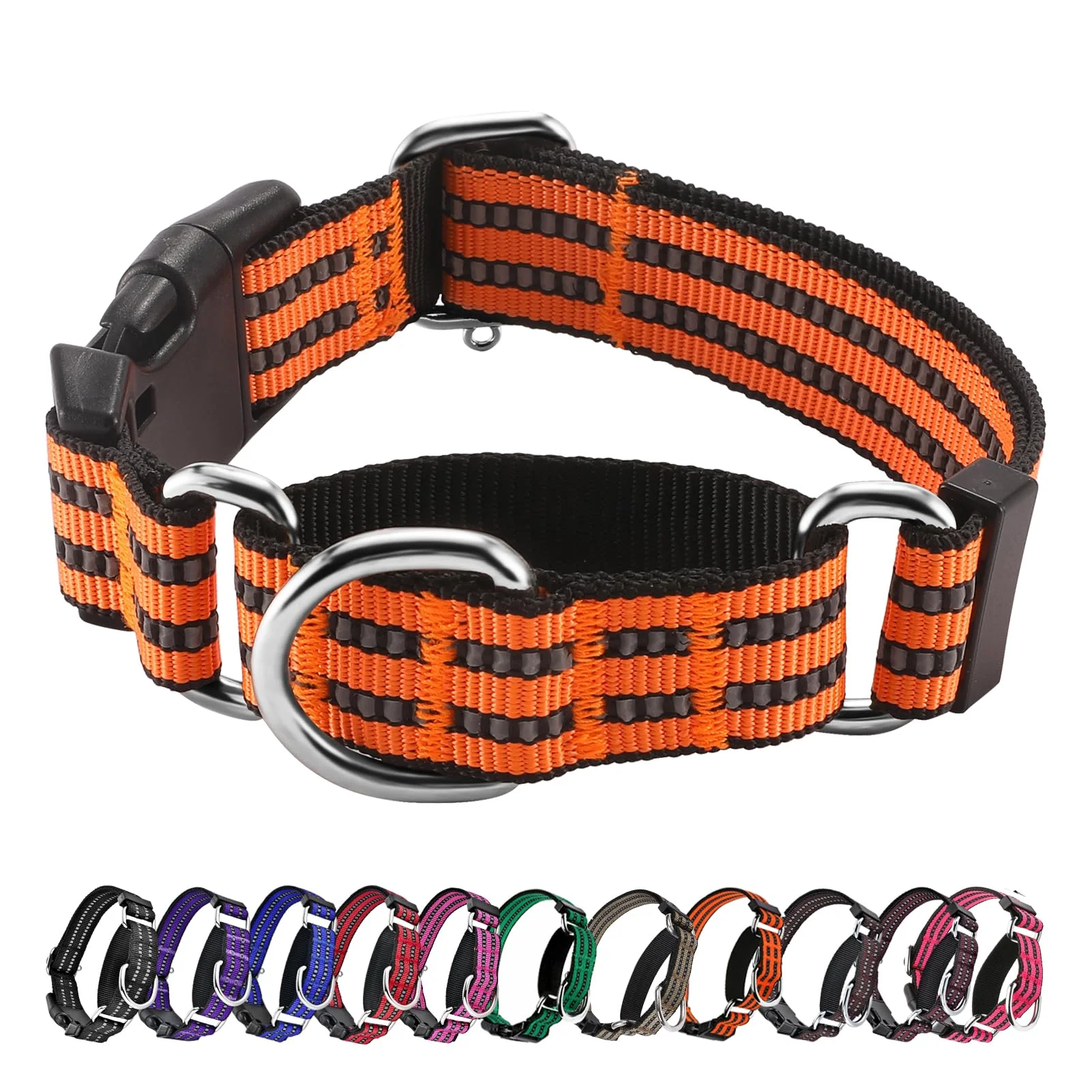 Exclusive Hikiko Martingale Reflective Nylon Dog Collar with Quick Release Buckle – Medium Orange Responsible