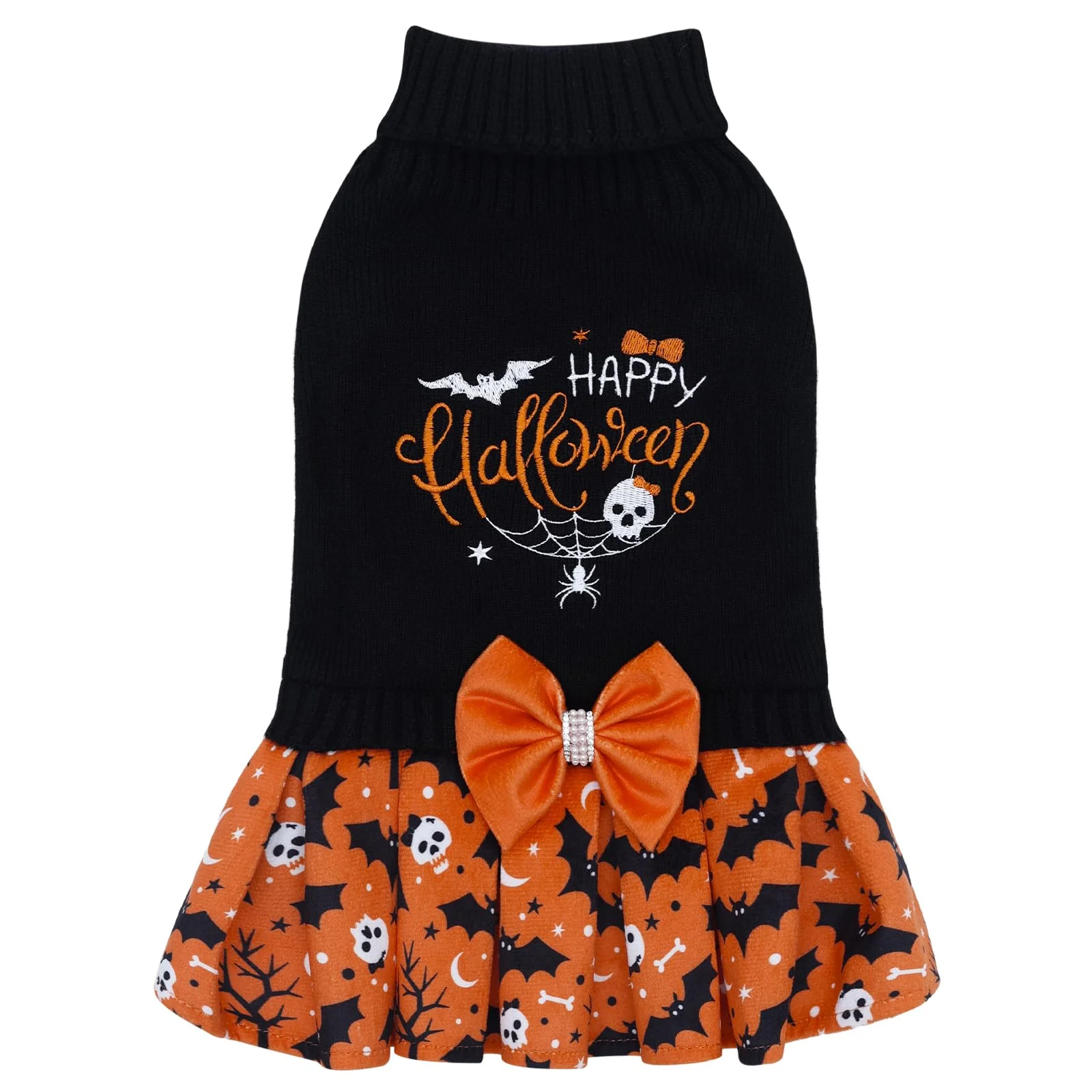 Sustainable CuteBone Halloween Dog Sweater Dress for Small Dogs – Turtleneck Bowtie Leash Hole DS107S Easy-to-Use