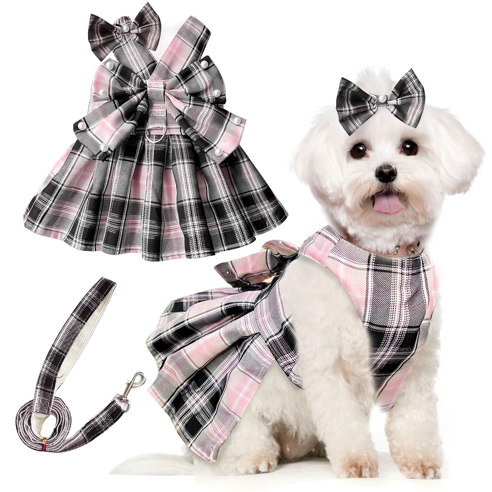 Premium PETCARE Cute Dog Dress Harness Set for Small Dogs – Pink Plaid with Pearls Expertly Made