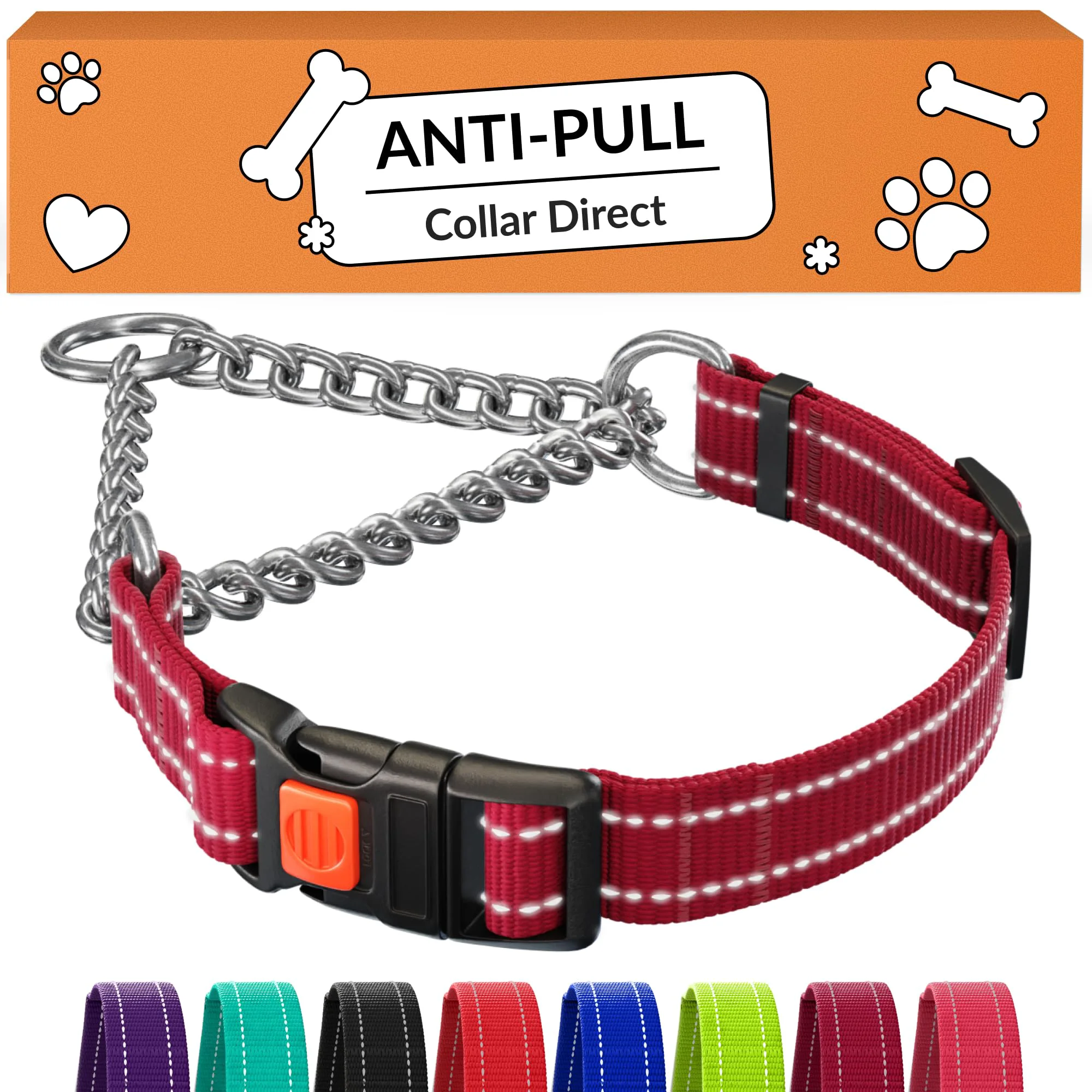Artisan CollarDirect Martingale Dog Collar – Reflective Stainless Chain Dark Red Small 12-15 in High-End