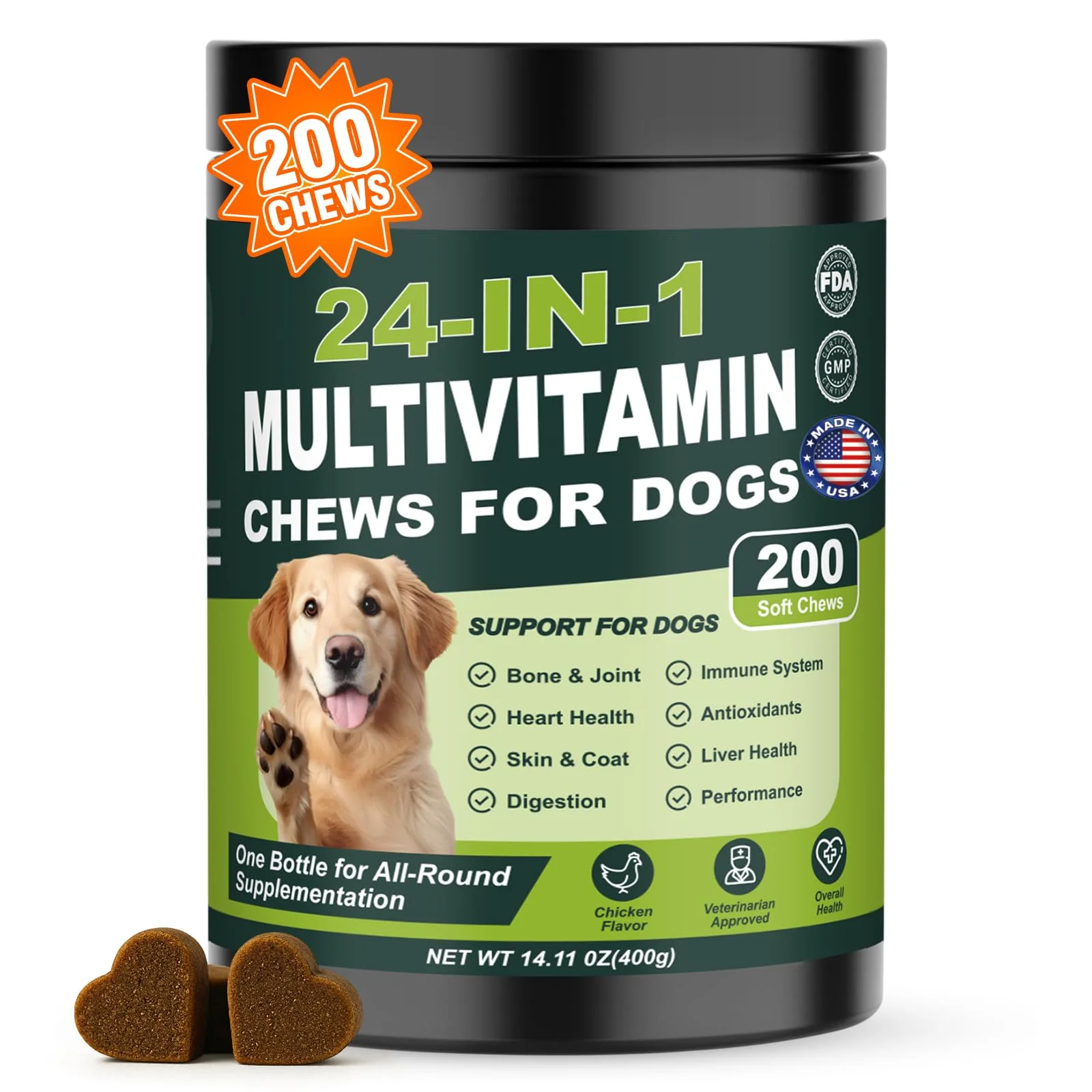 Selected Tciika 24-in-1 Dog Vitamins Supplements – 200 Count Chewables with Glucosamine Probiotics Omega-3 for Skin Coat Joints Heart Liver Brain Eyes Chicken Flavor Reliable