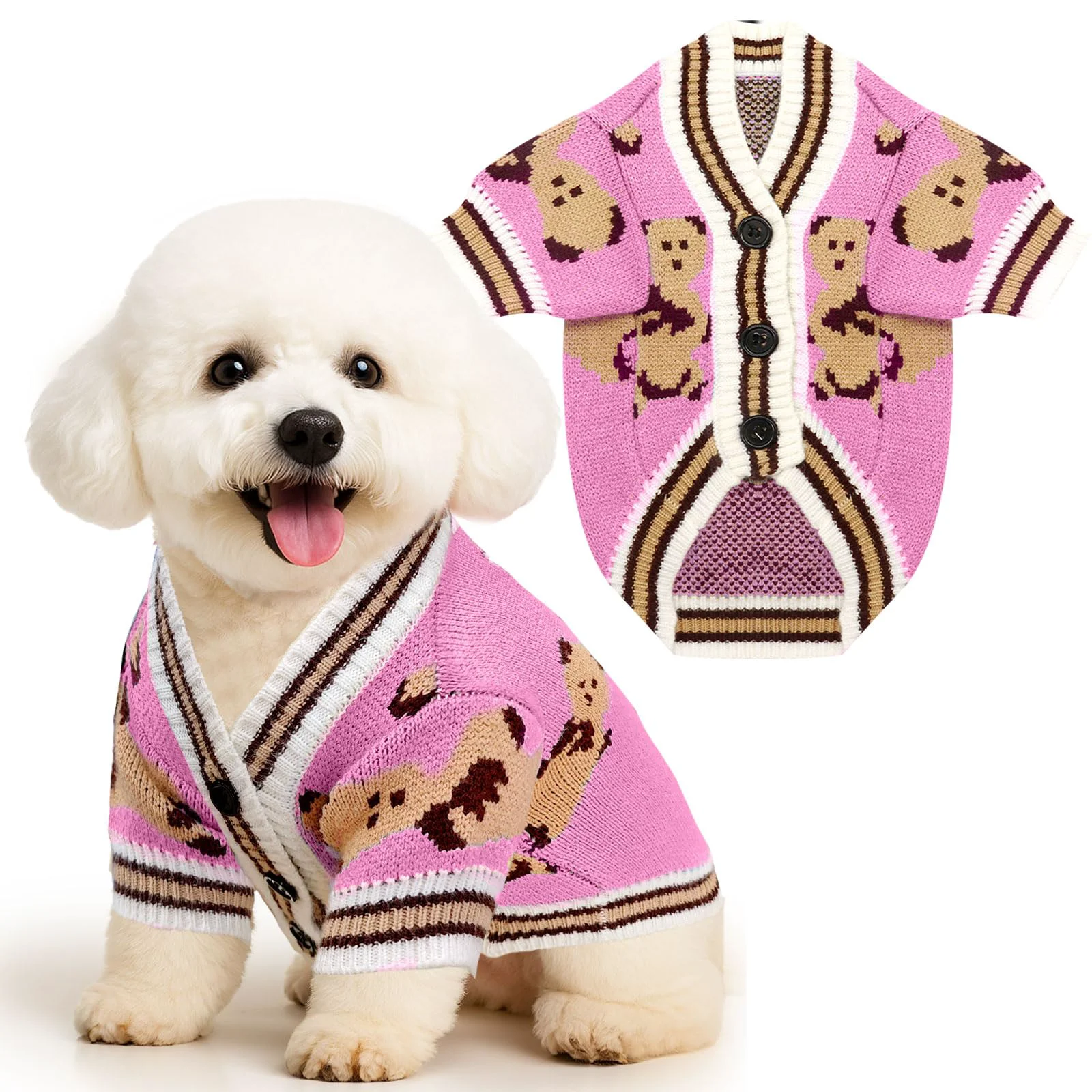 Artisan PETCARE Small Dog Bear Cardigan Sweater – Soft Knit Winter Coat Pink Selected