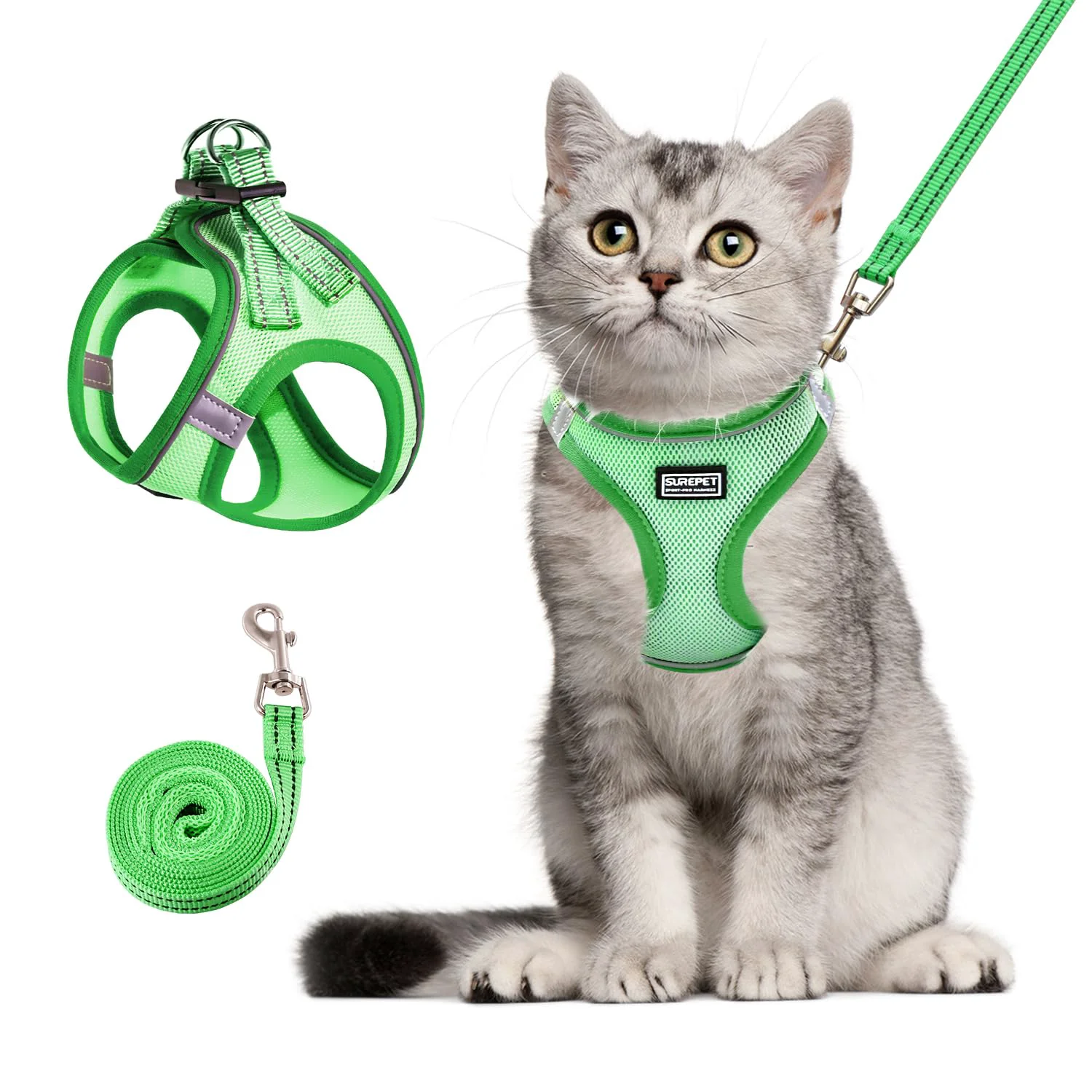 Unique Betmaypet Cat Harness Leash Set – Escape-Proof Reflective Breathable Mesh Green L Detailed