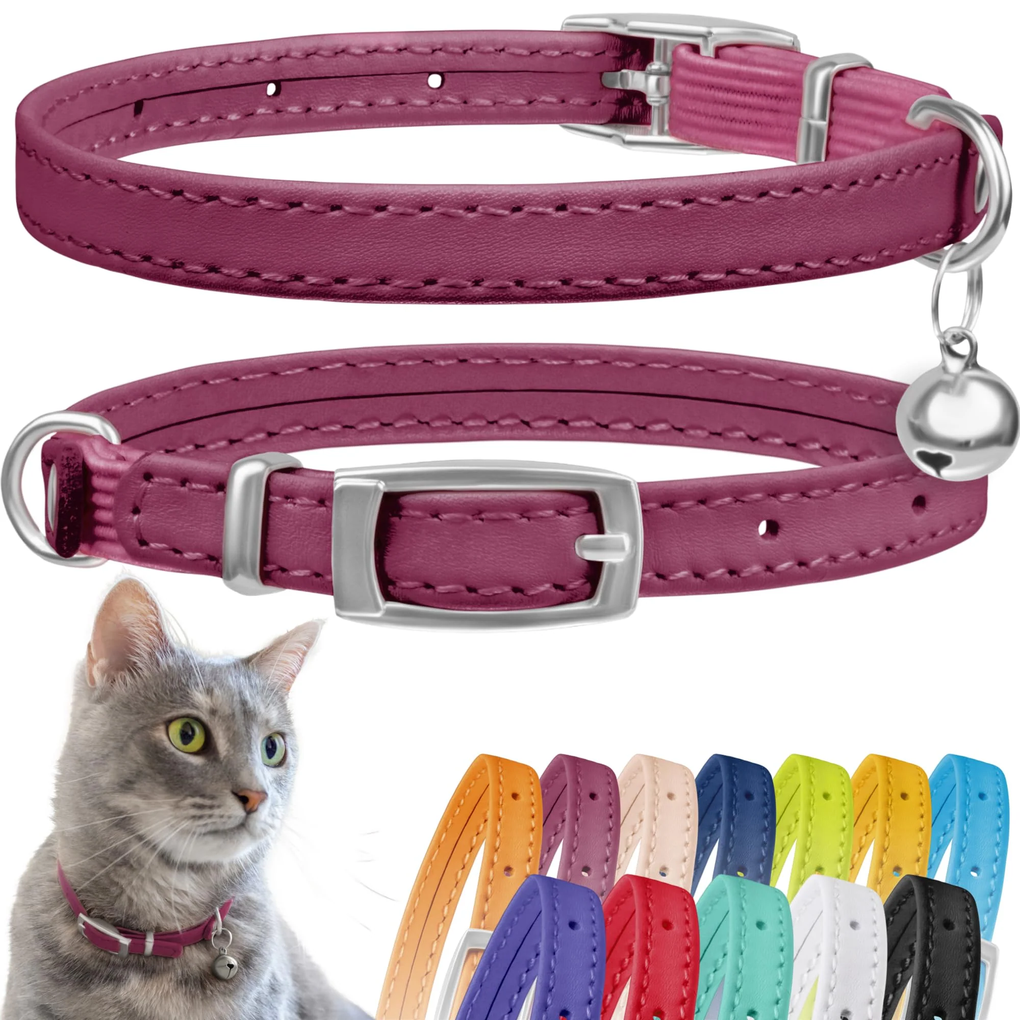 Lightweight CollarDirect Leather Cat Collar with Bell – Pink Elastic Safety Strap 8-11 Neck Fashionable
