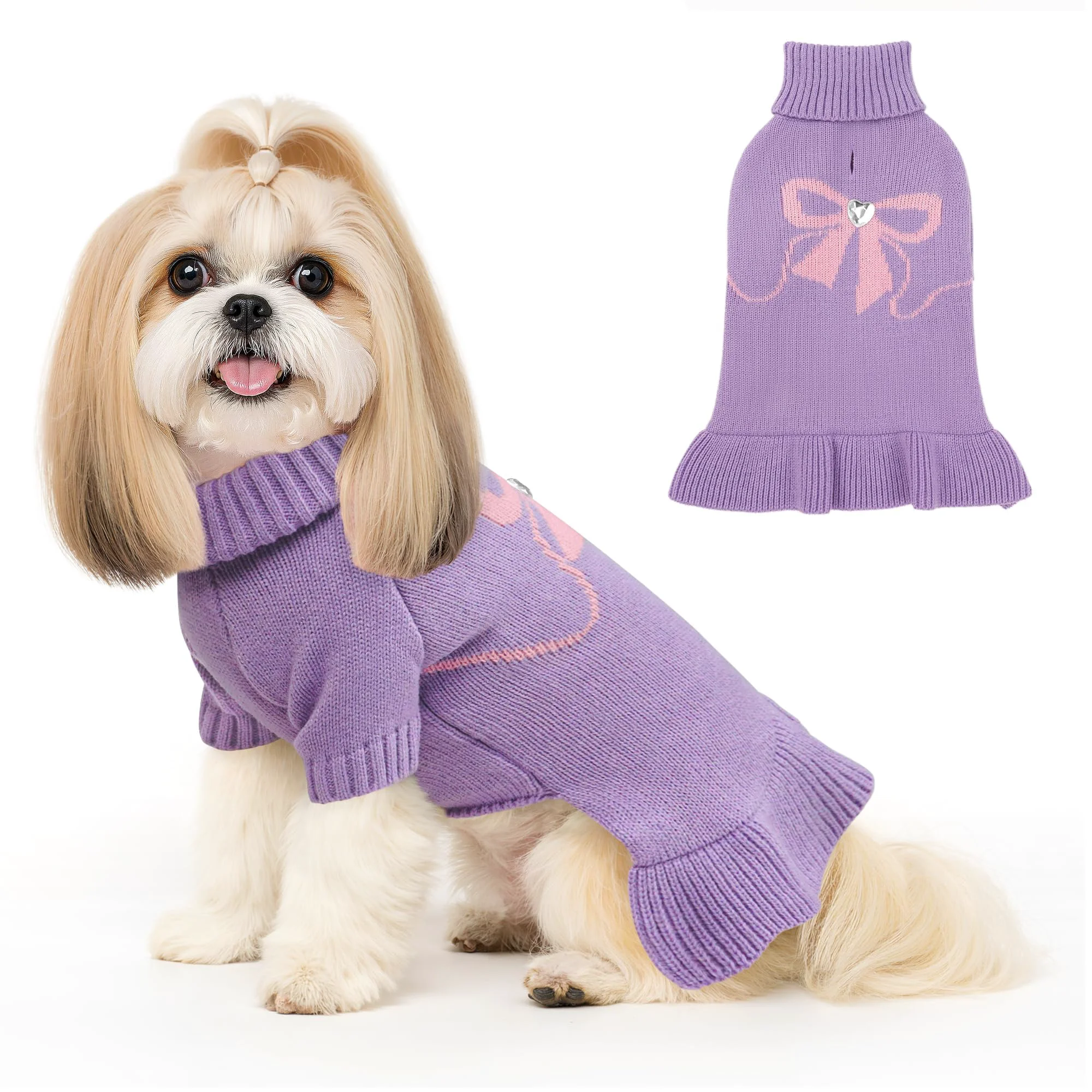 Original Design YUDODO Bowknot Dog Sweater Dress for Small Dogs — Purple Size M Turtleneck Leash Hole Stylish