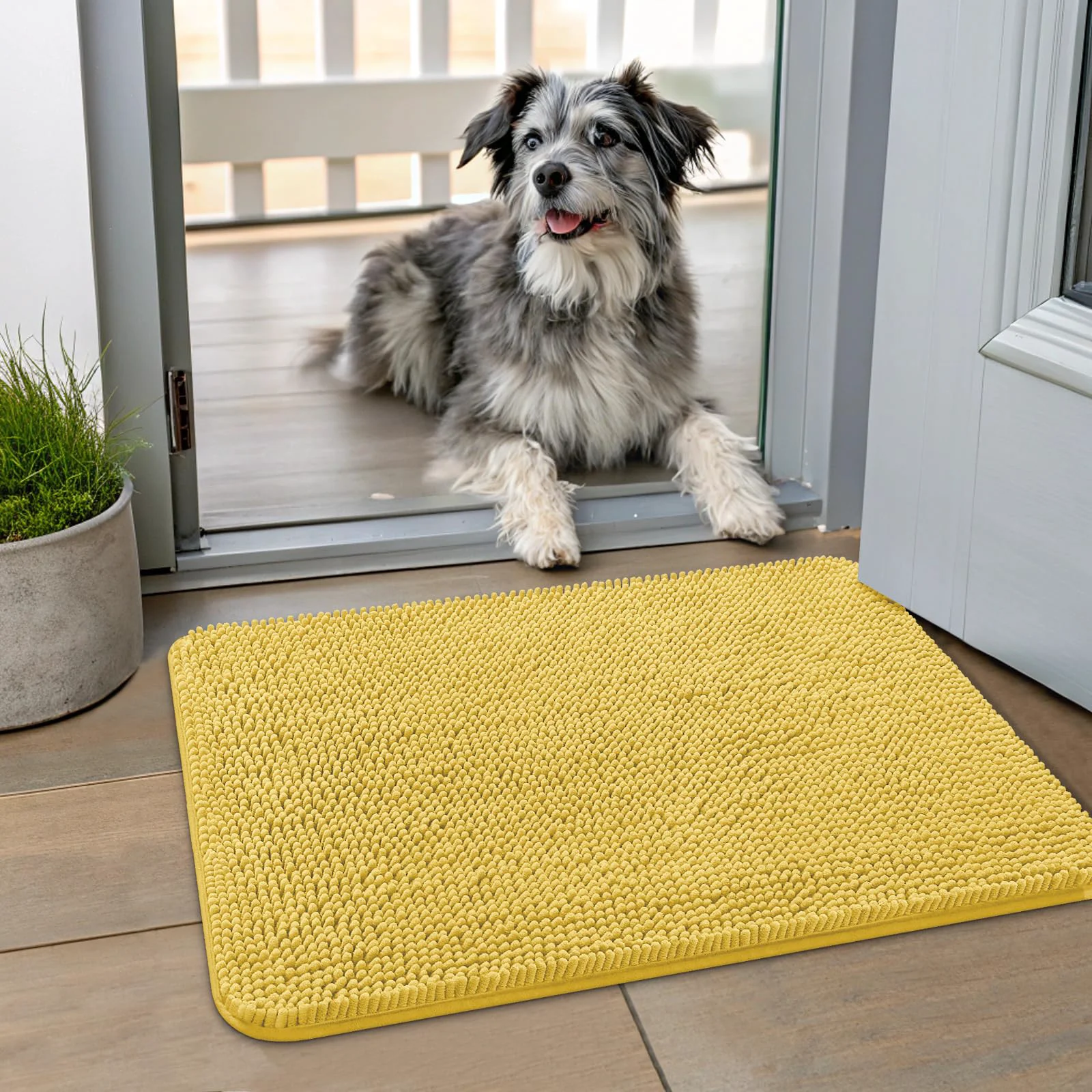 World-Class Smiry Dog Door Mat for Muddy Paws 24×16 – Non-Slip Absorbent Quick-Dry Chenille Door Mat Yellow Responsible