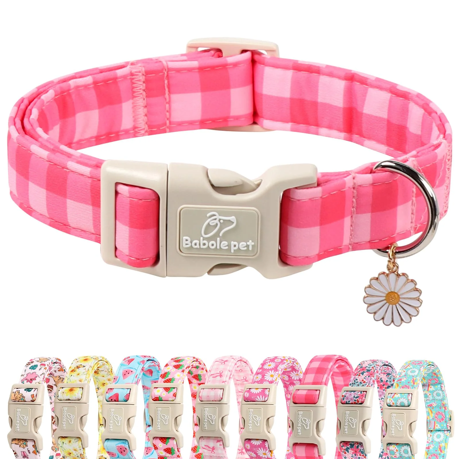 Relaxed Babole Pet Girl Dog Collar for Medium Dogs Pink Plaid Soft Adjustable Quick Release Practical