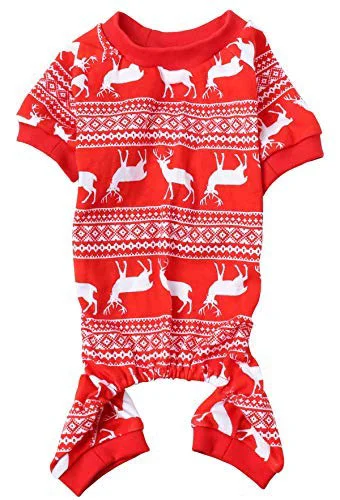 Refined Lanyarco Cotton Christmas Dog Pajamas – Reindeer Pattern Xmas Pet Clothes Soft Back 15 Inch Medium Red Organic