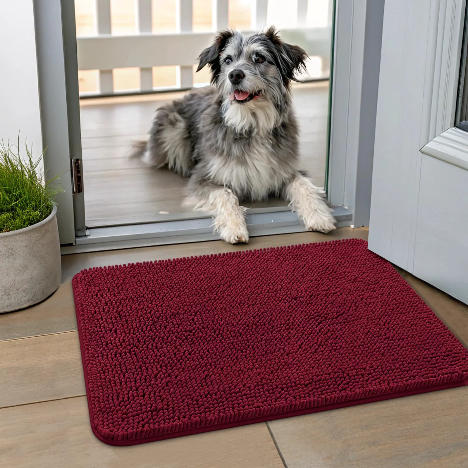 Sophisticated Smiry Dog Door Mat 24×16 – Absorbs Moisture Dirt Non-Slip Chenille Burgundy Smart