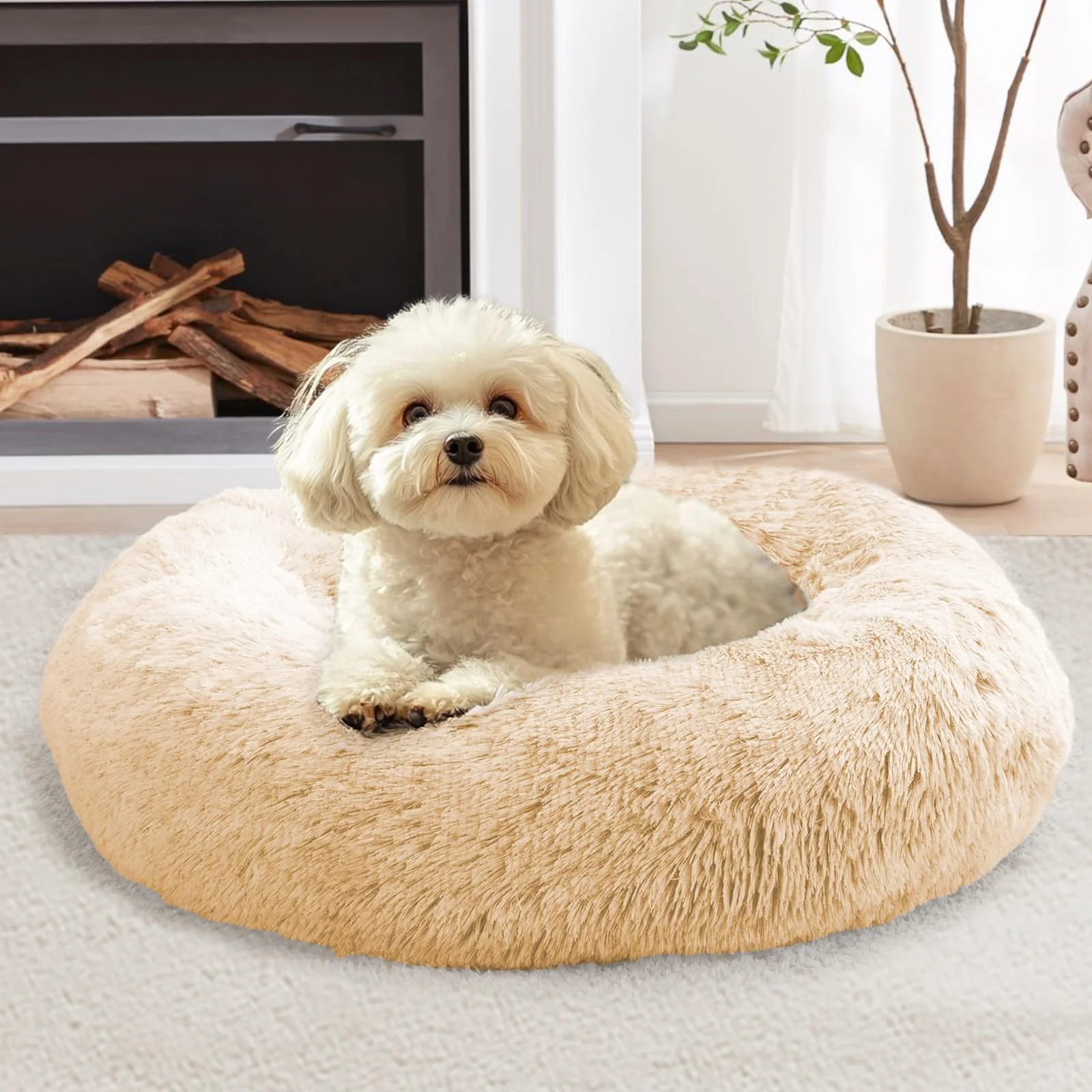 Natural JOLLYVOGUE Calming Donut Bed for Small Dogs Cats – 20-inch Washable Round Plush Bed Up to 15 lbs Off White Efficient