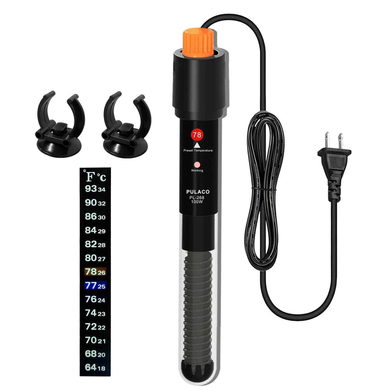 Safe PULACO 100W Aquarium Heater for 10-20 Gallon Tanks Submersible Thermostat with Thermometer Strip Suction Cups Exceptional