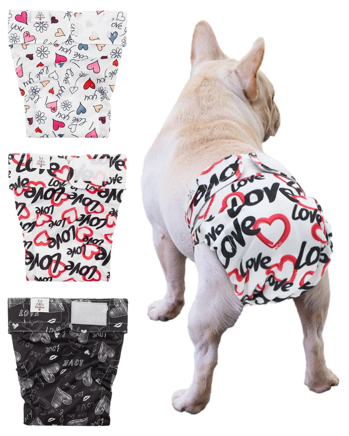 Modern CuteBone Washable Dog Diapers for Docked-Tail Breeds No Tail Hole 3-Pack Breathable